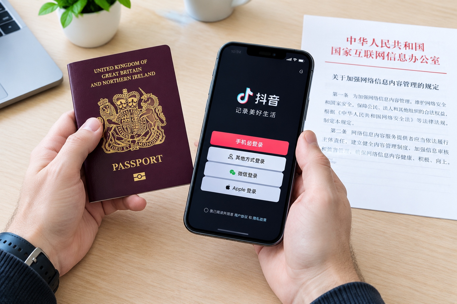 Running a Social Media Account in China as a Foreigner: Rules and Compliance 23 Passport and smartphone with Douyin app login during real-name verification for a foreign content creator