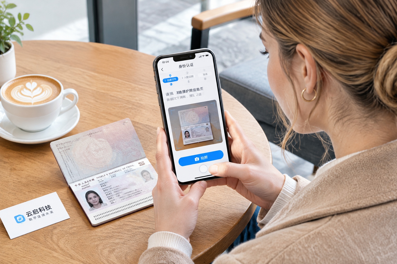 Foreign woman using a smartphone to scan her passport during online contract signing in China