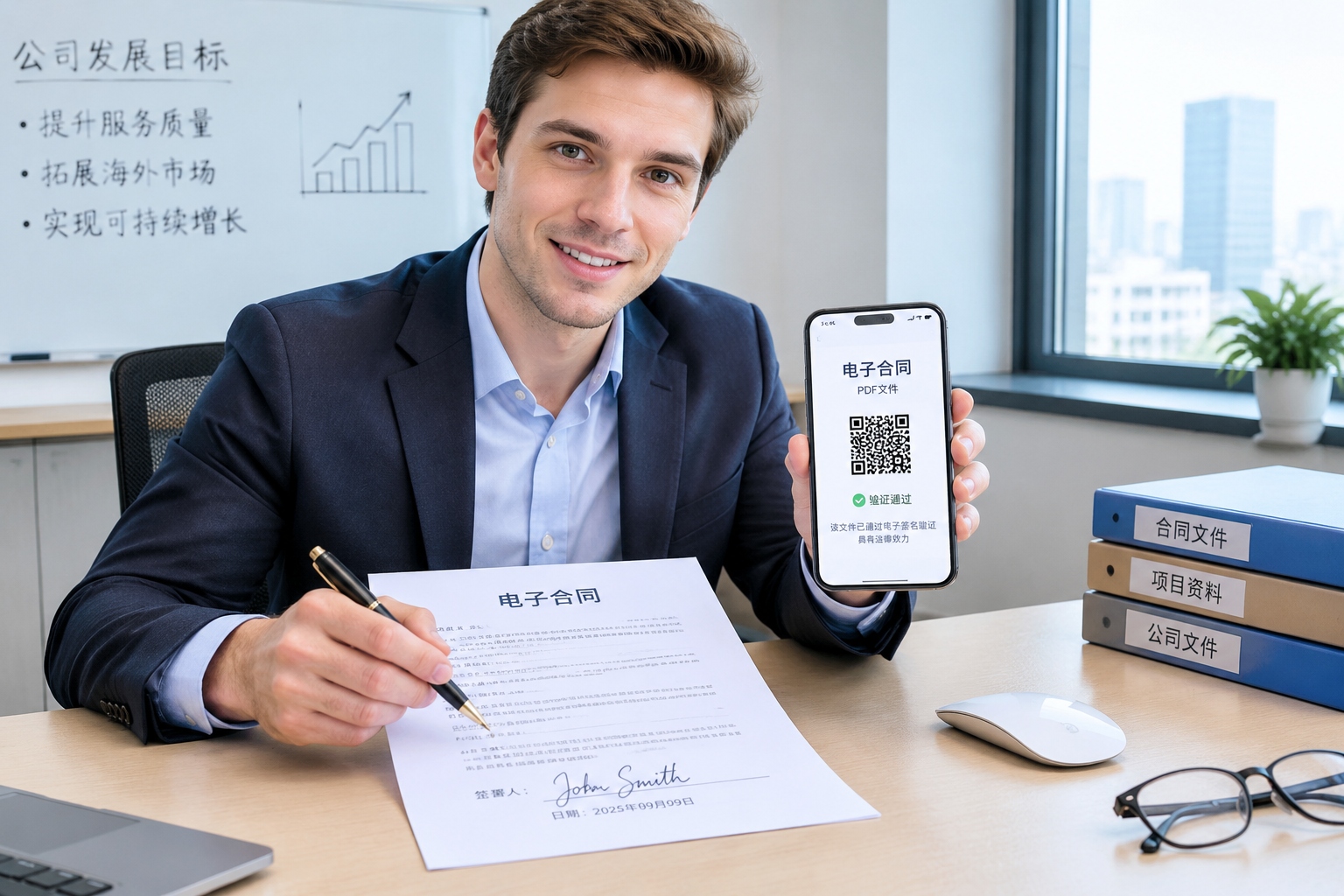 Signed electronic contract PDF with verification QR code displayed on a smartphone beside paper documents in China