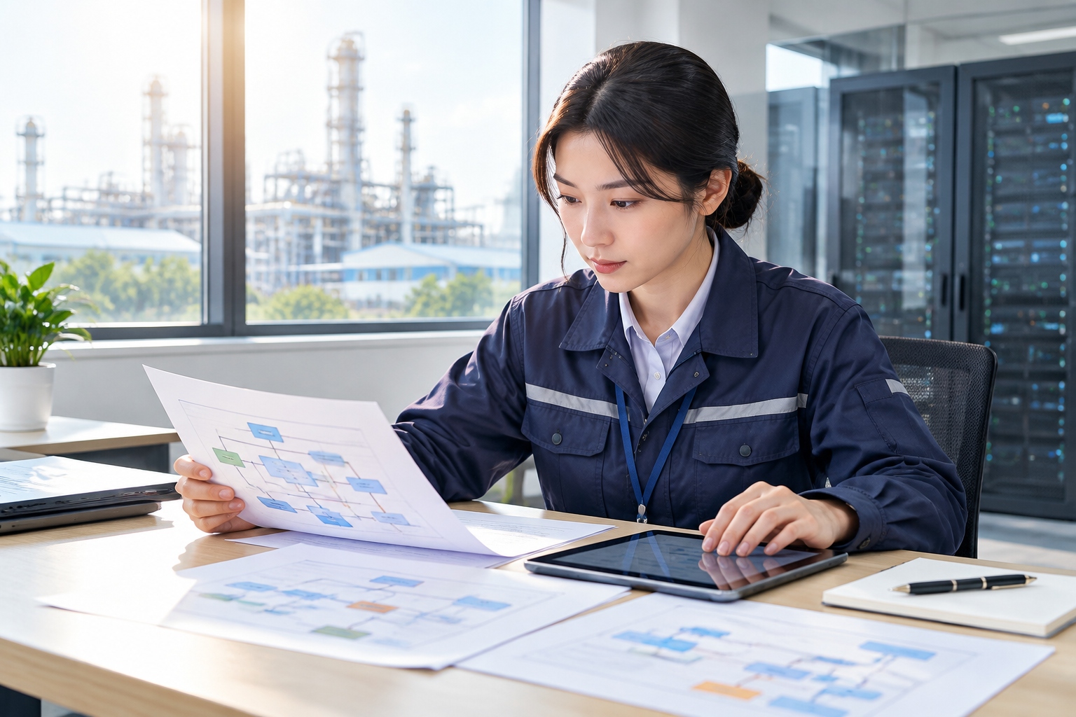 Data compliance manager reviewing data flow maps and server documentation in a Suzhou industrial plant office