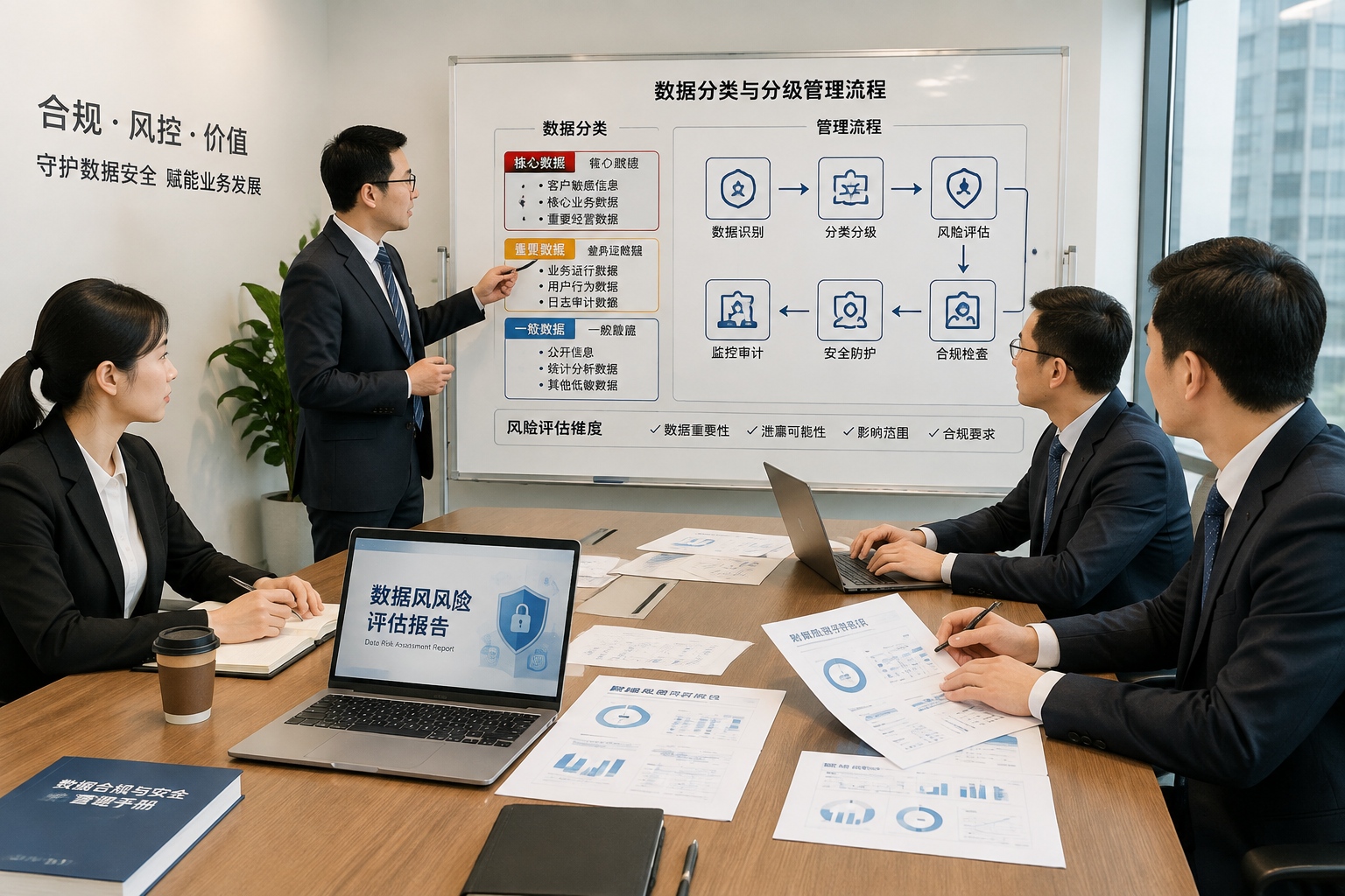 Corporate lawyers and IT officers preparing a data security risk assessment report in a boardroom in China