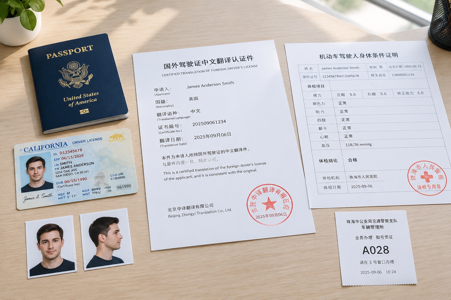 Passport, foreign driver's license, official translation and medical check form laid out for China license exchange