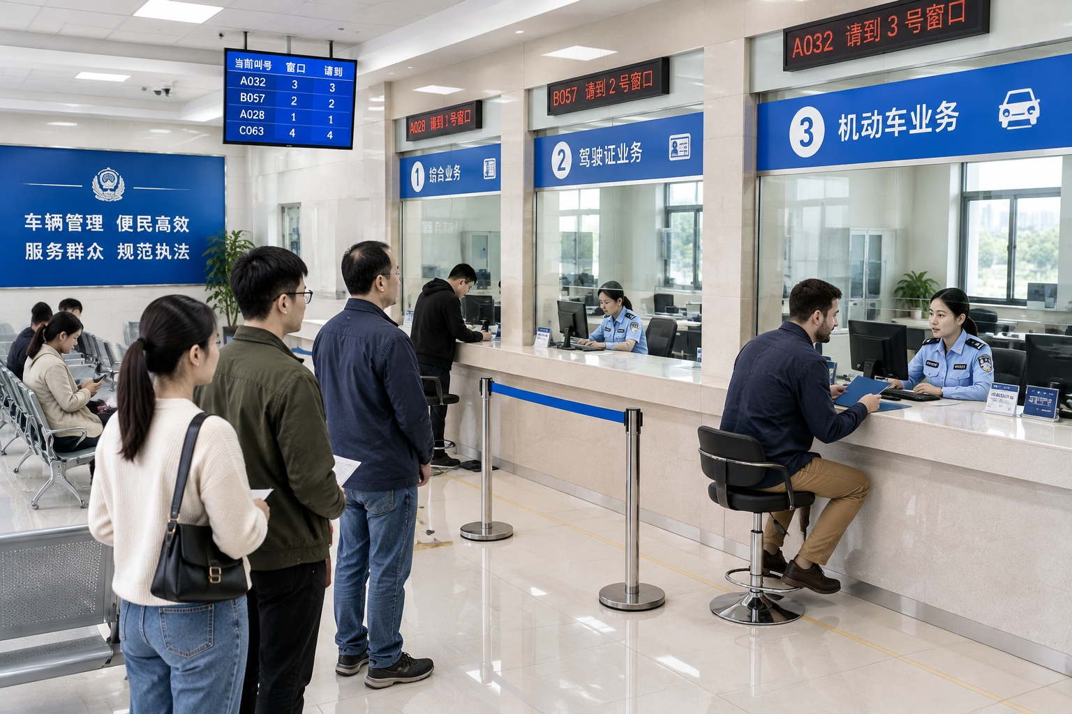 Foreign residents at the vehicle management office waiting to exchange overseas licenses