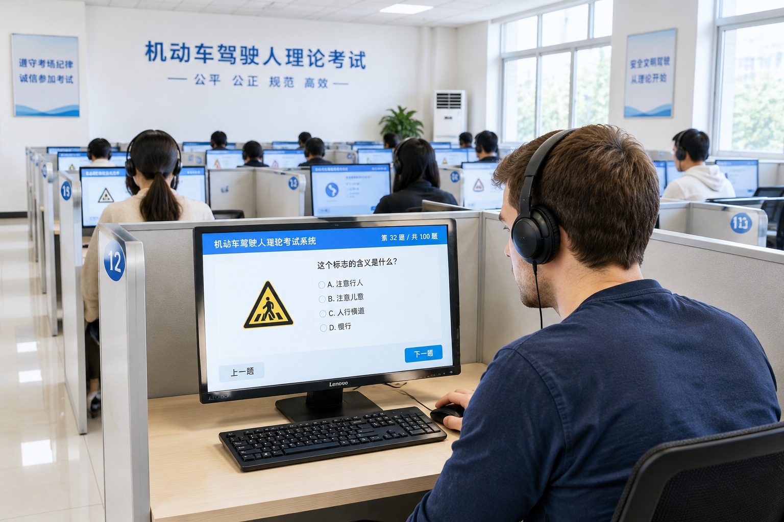 Foreigner taking the Chinese driving license theory test in a computer exam room