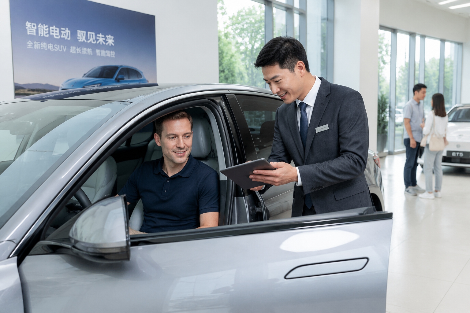 The Foreigner’s Guide to Buying a Car in China: Process, Taxes, and License Plate Rules 22 Foreign buyer looking at a new SUV while a Chinese car salesman explains its features in a dealership