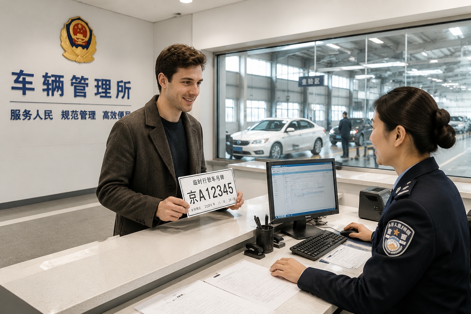 The Foreigner’s Guide to Buying a Car in China: Process, Taxes, and License Plate Rules 23 Customer holding a temporary paper license plate at a Chinese vehicle management office counter