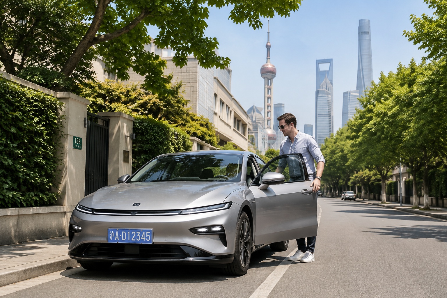The Foreigner’s Guide to Buying a Car in China: Process, Taxes, and License Plate Rules 24 Car with a blue Chinese license plate parked on a tree-lined city street in China