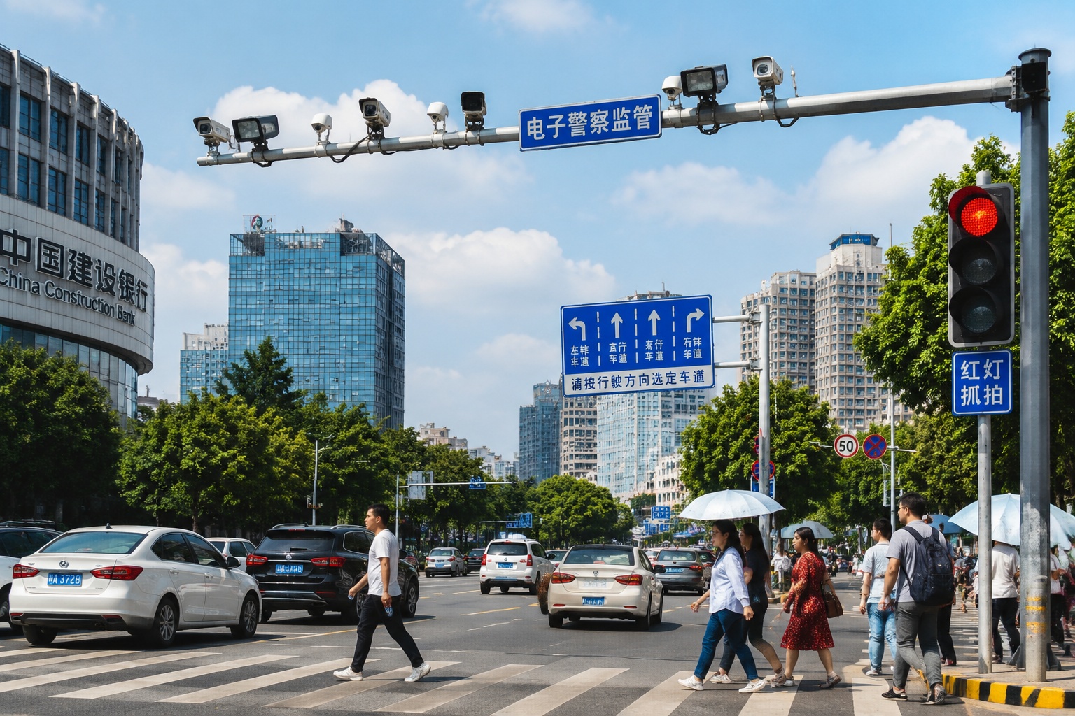Traffic surveillance cameras and red light camera at a Chinese city intersection