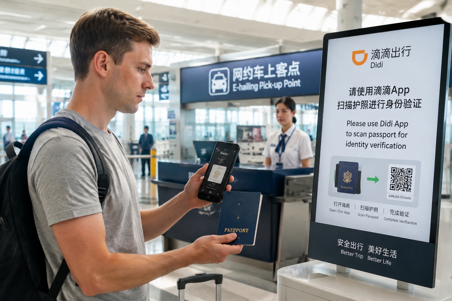Foreign passenger in China completes passport verification on a ride-hailing app at Beijing Capital Airport