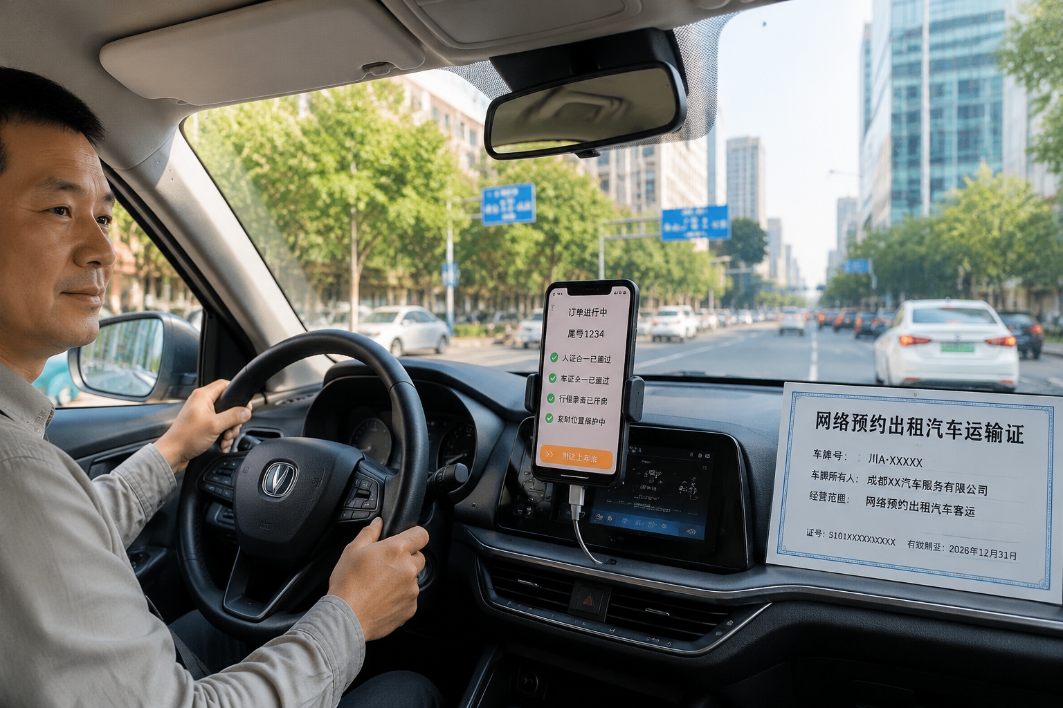 Licensed ride-hailing car dashboard in China showing driver app and official vehicle transport certificate