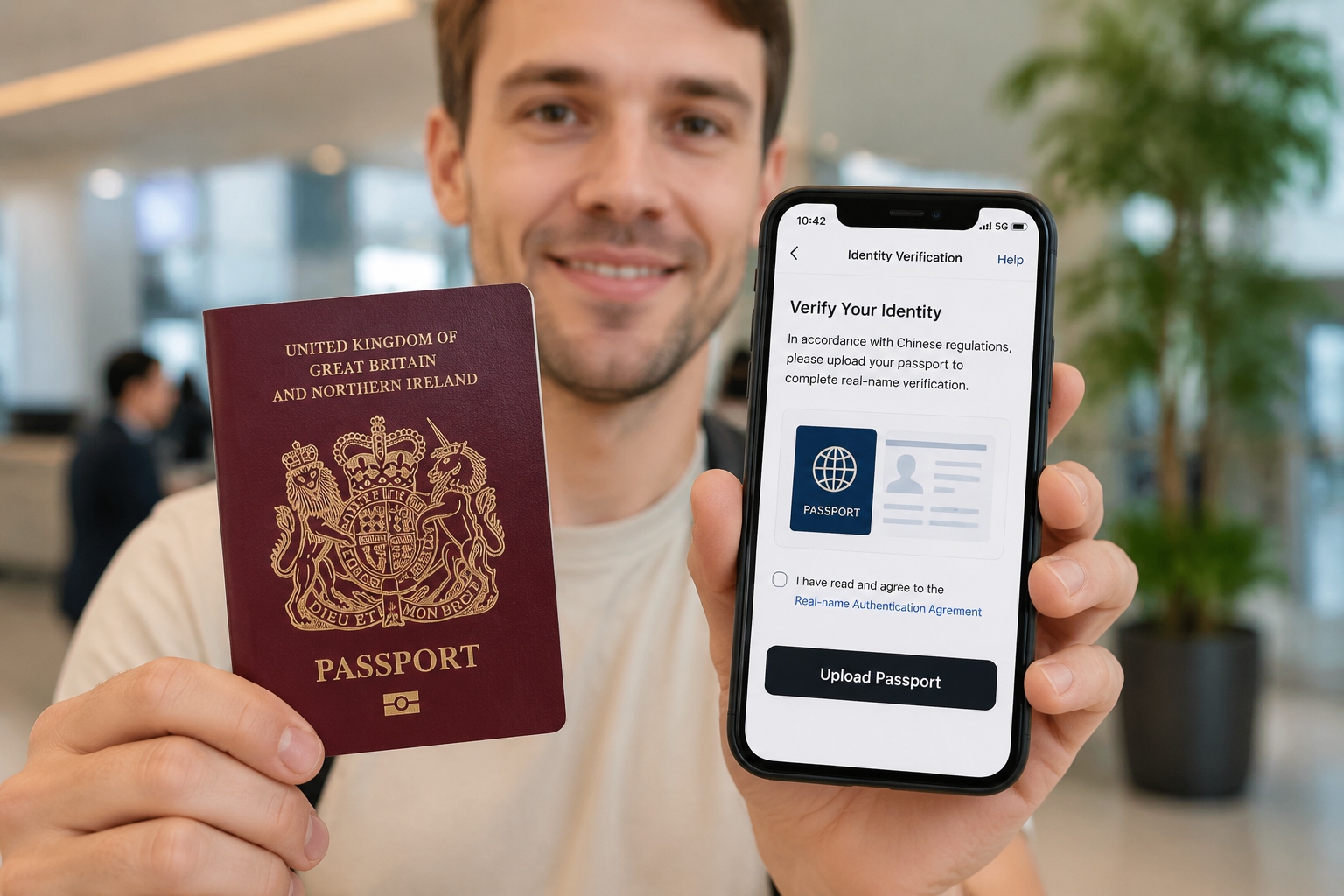 Hands holding a passport and a smartphone showing the upload passport page of a Chinese ride-hailing app for identity verification
