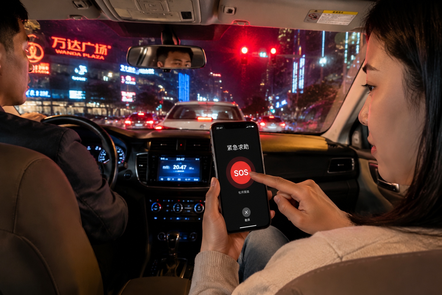 Passenger pressing the SOS emergency button on a ride-hailing app inside a car at night in China