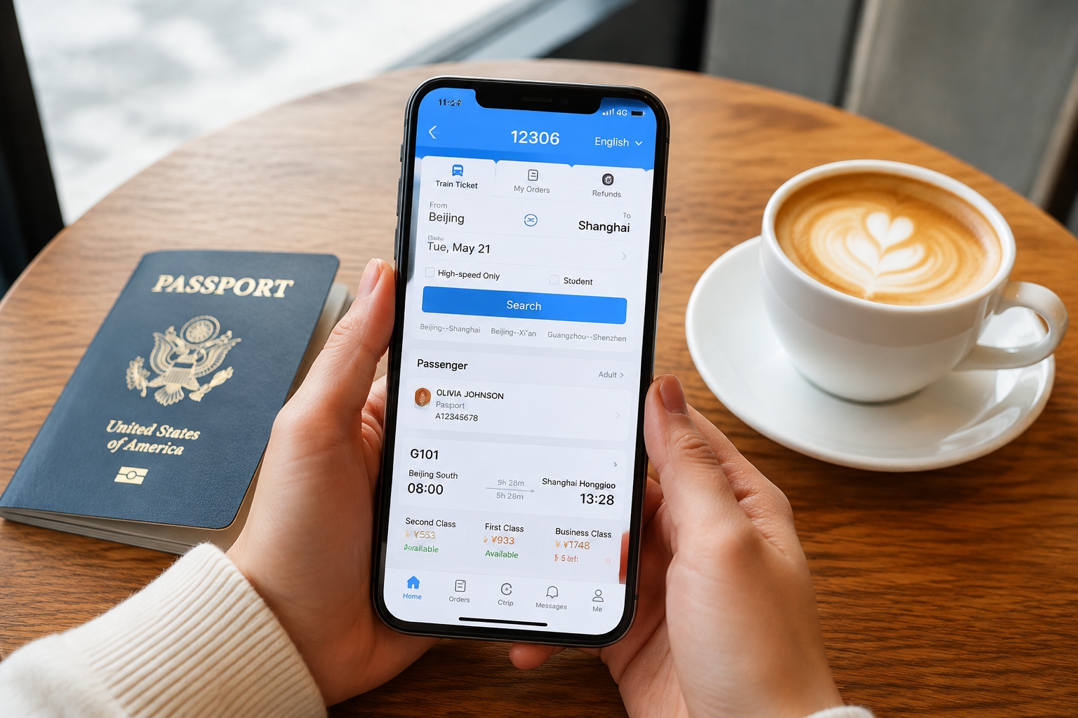China High-Speed Rail Guide for Foreigners: Booking with a Passport, Boarding, and Changing Tickets 22 Foreign traveler booking a high-speed rail ticket on the 12306 English interface with a passport nearby