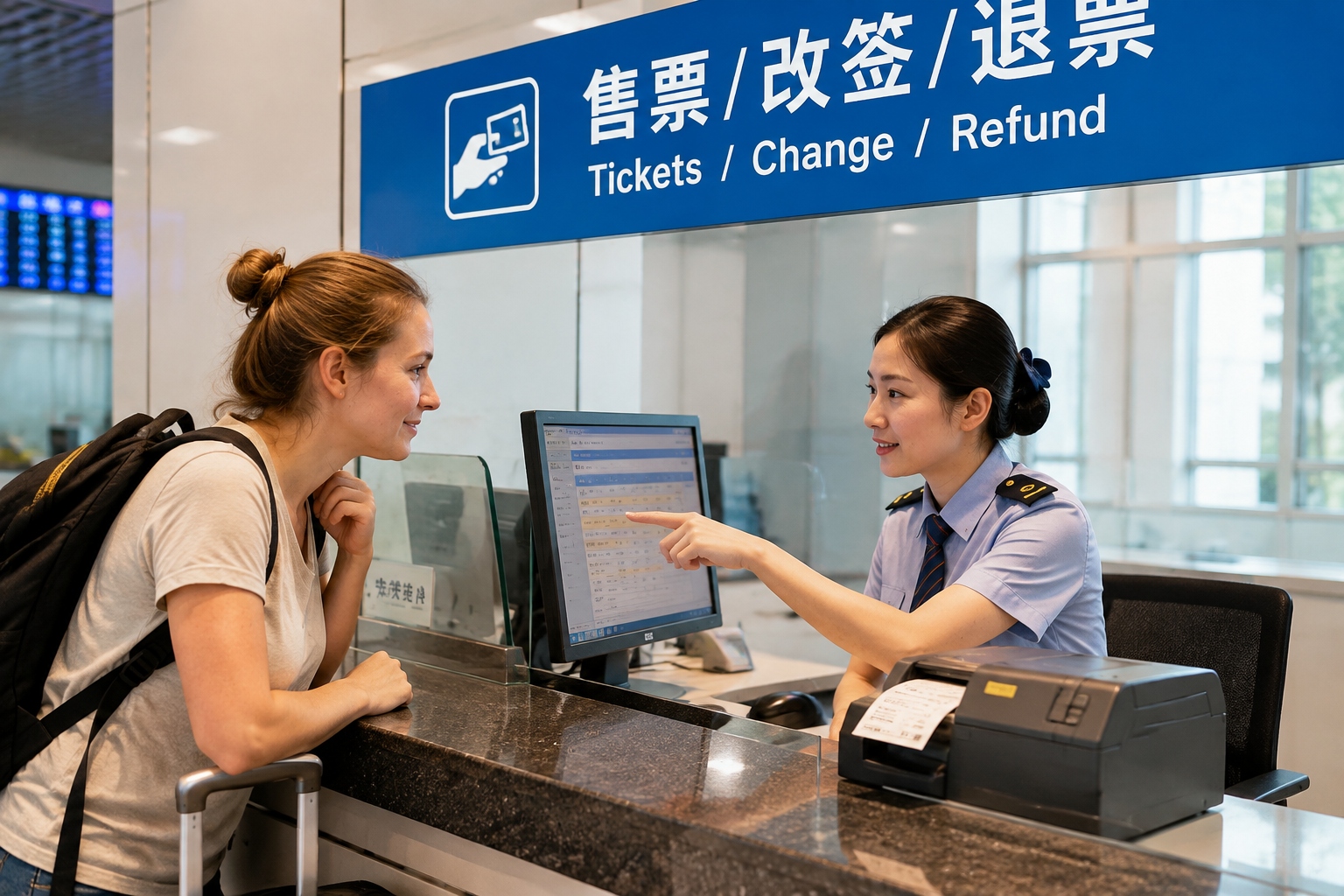 China High-Speed Rail Guide for Foreigners: Booking with a Passport, Boarding, and Changing Tickets 24 Foreign traveler asking a station agent about ticket refunds or changes at a Chinese railway service counter