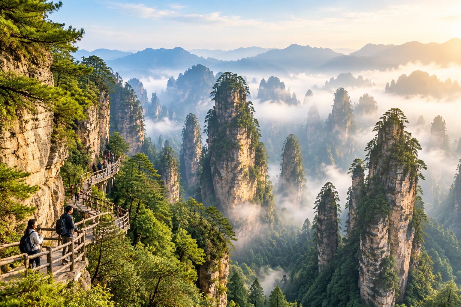 Sandstone pillars of Zhangjiajie Wulingyuan rising above morning fog and green forest