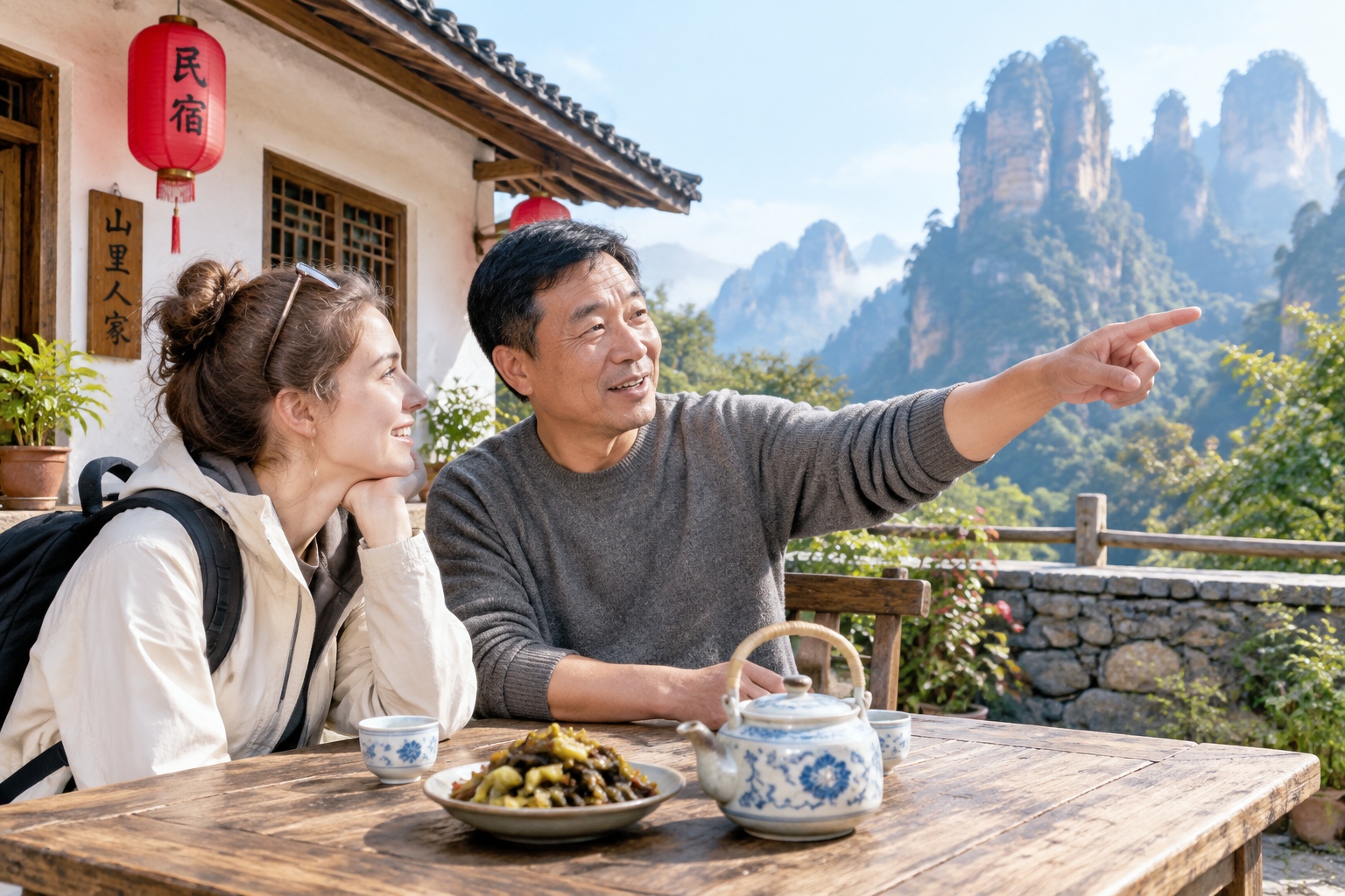Chinese guesthouse owner explains mountain names to a foreign tourist in his courtyard near Zhangjiajie