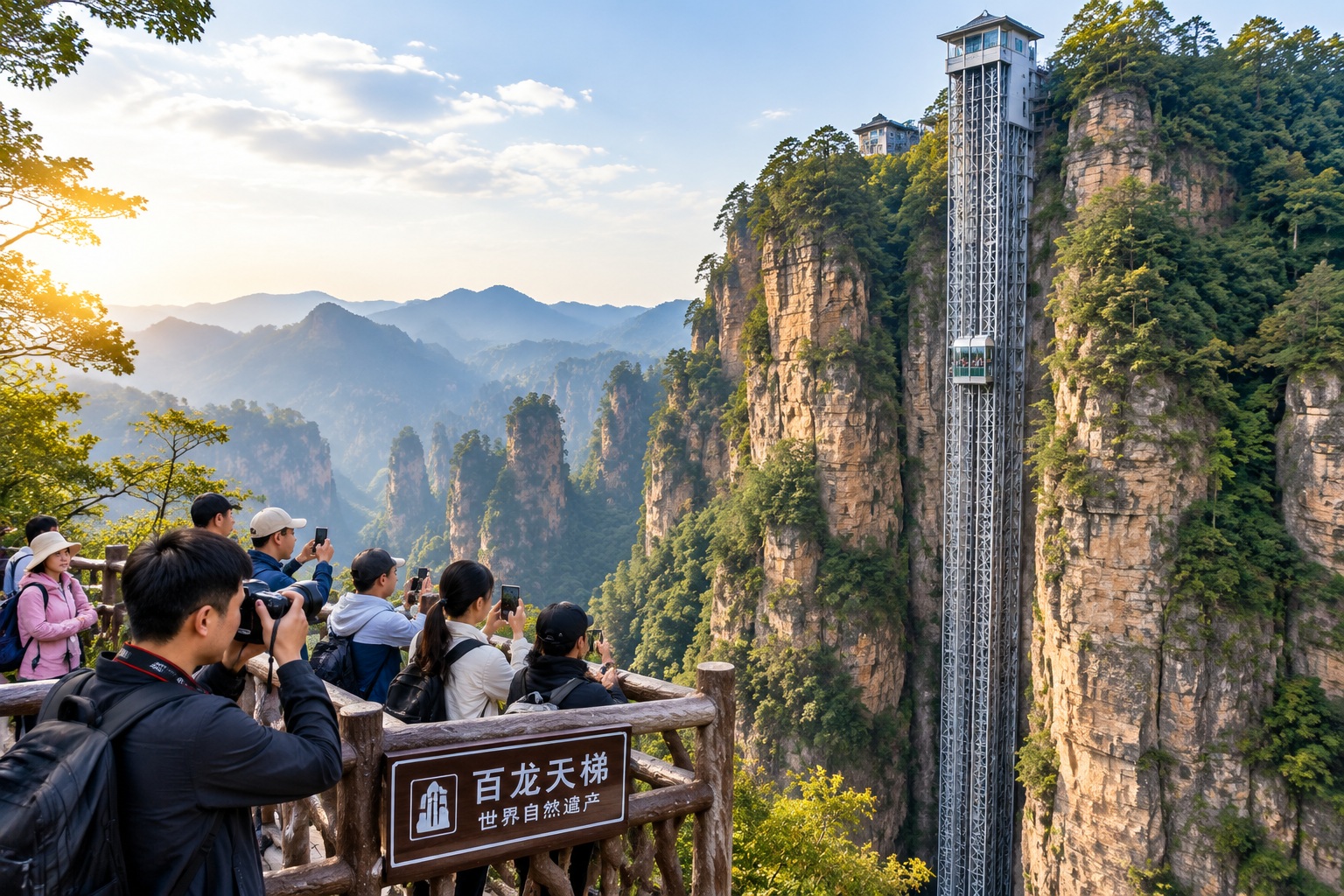 Bailong Elevator climbing the sandstone cliff at Zhangjiajie while tourists watch from a viewing platform