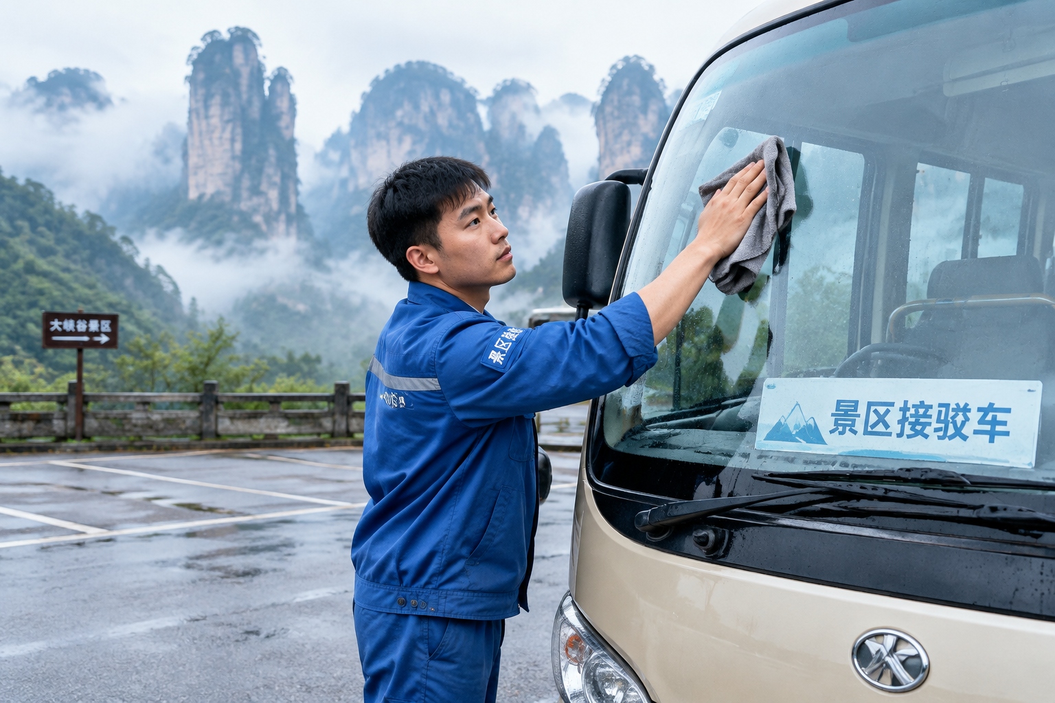 Inside Zhangjiajie: What the Avatar Mountains Mean to Local Youth 22 Young Zhangjiajie shuttle bus driver cleaning his bus before morning misty sandstone peaks
