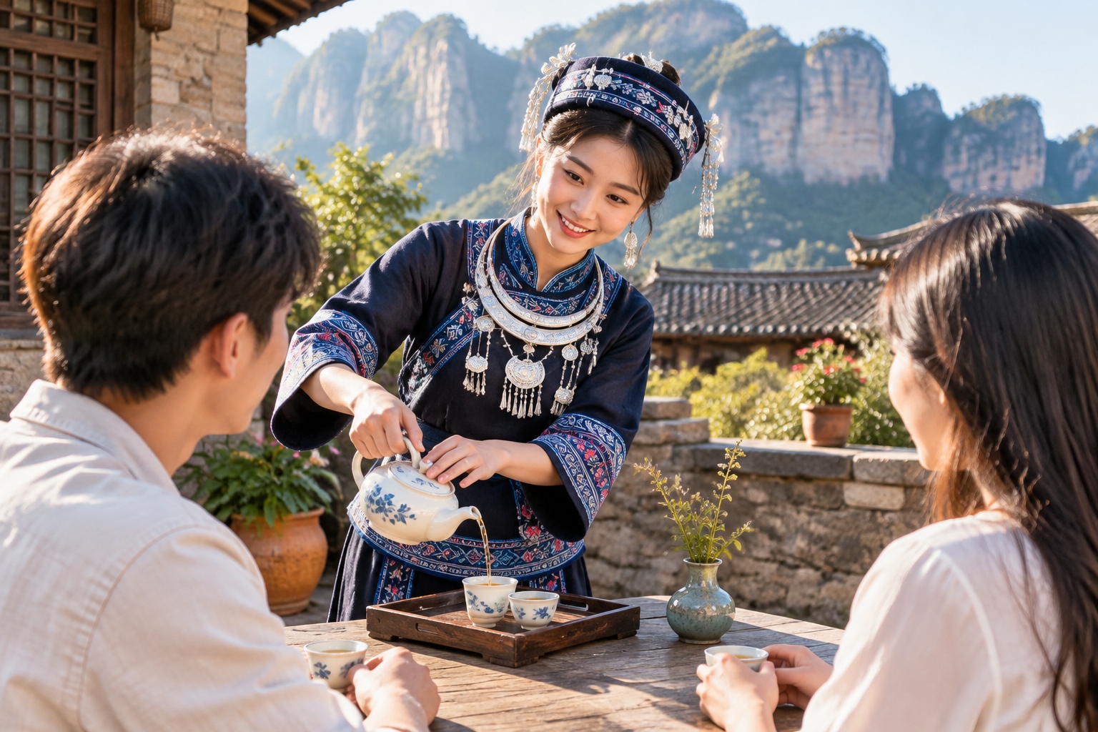 Inside Zhangjiajie: What the Avatar Mountains Mean to Local Youth 25 Young Tujia woman in traditional dress pouring tea at her courtyard teahouse in Zhangjiajie