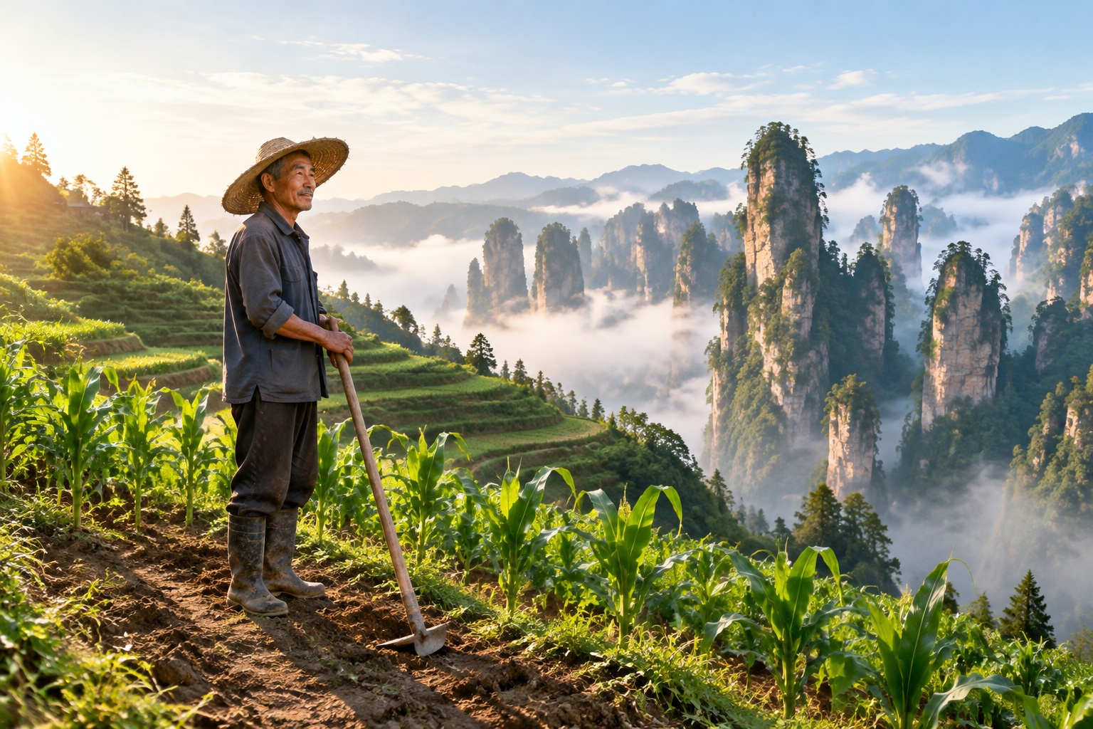 Farmer beside the floating terraces of Laowuchang with sandstone pillars in the background