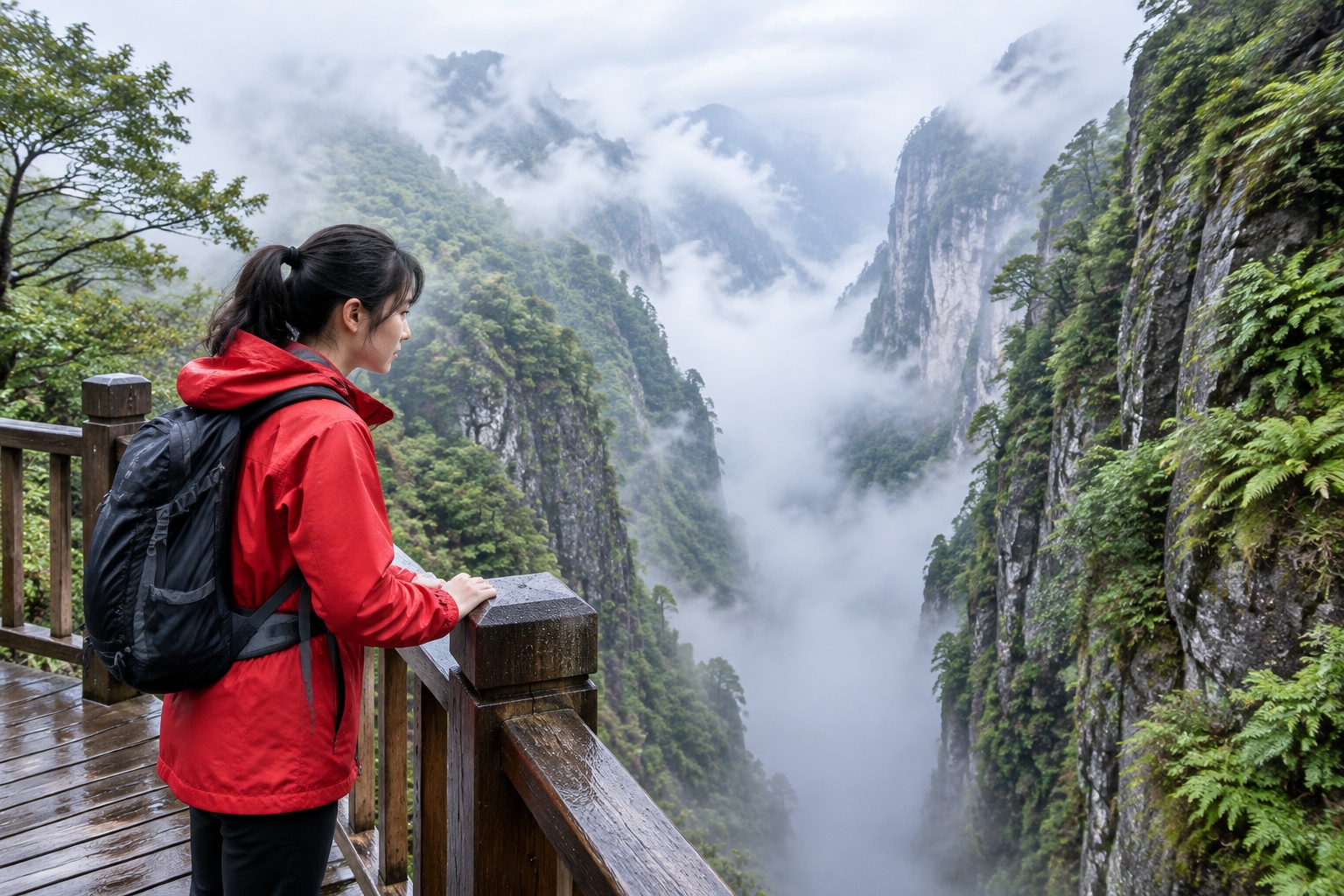 Hiker looking into the mist-filled depths of Shentang Bay canyon