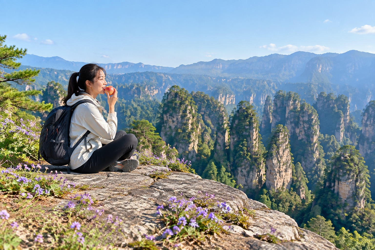 Hiker sitting at the Dianjiangtai rock shelf with rows of stone pillars below