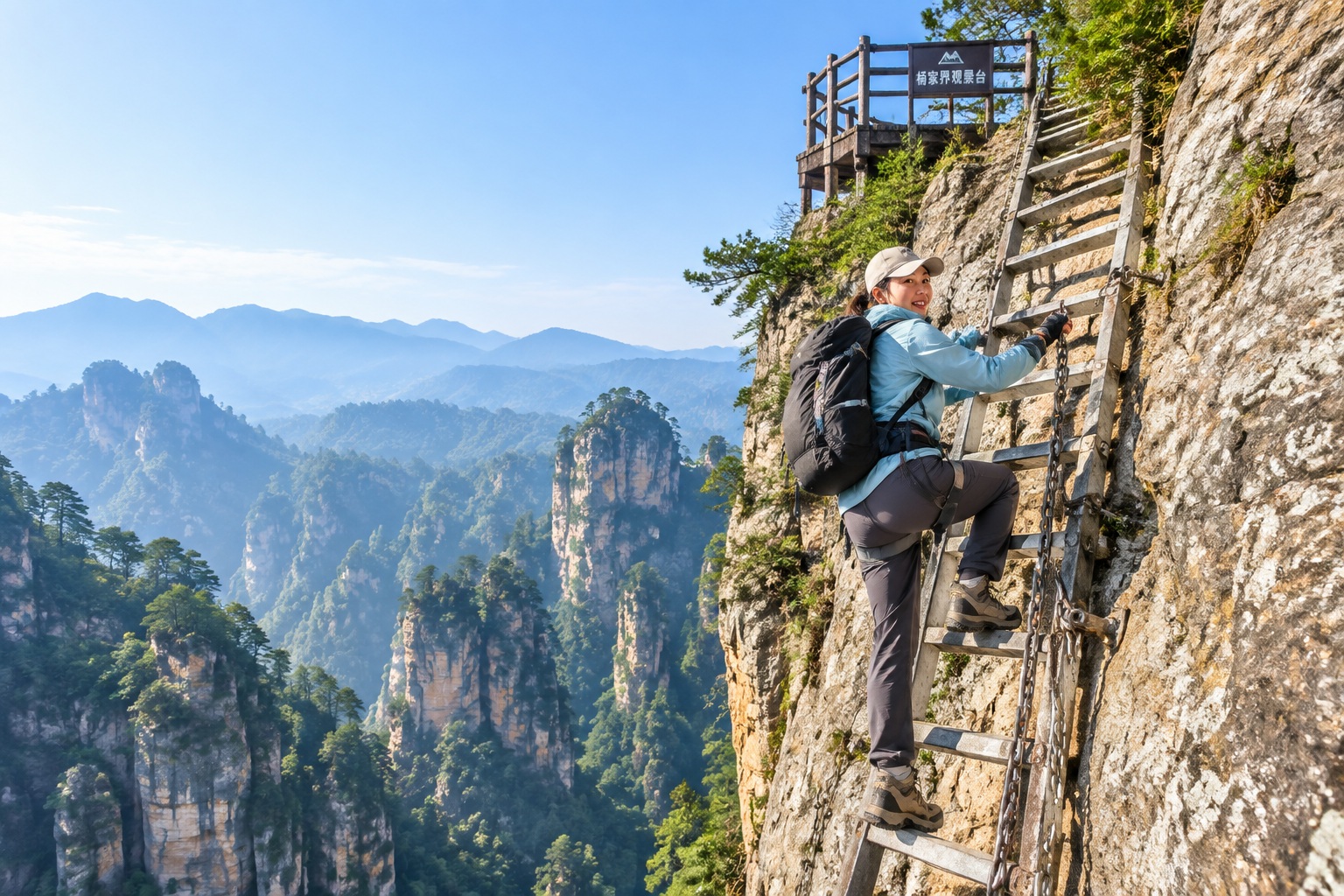 Person climbing the vertical steel ladder to One Step to Heaven in Yangjiajie