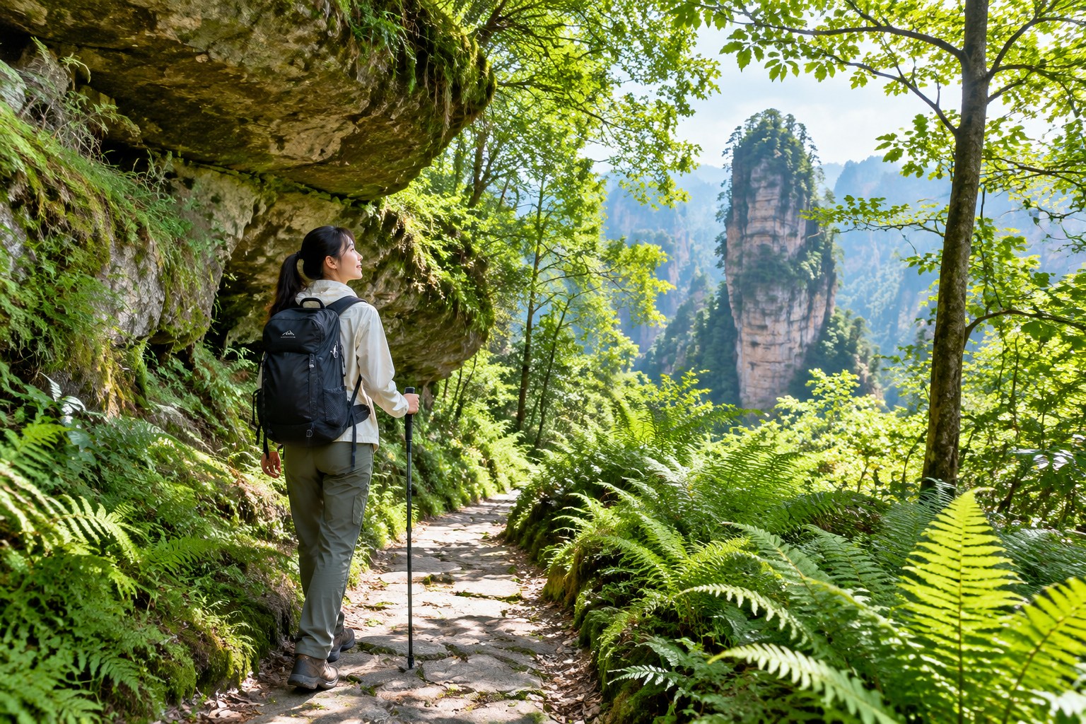 Green trail through ferns and rock overhangs in the Back Garden of Yuanjiajie