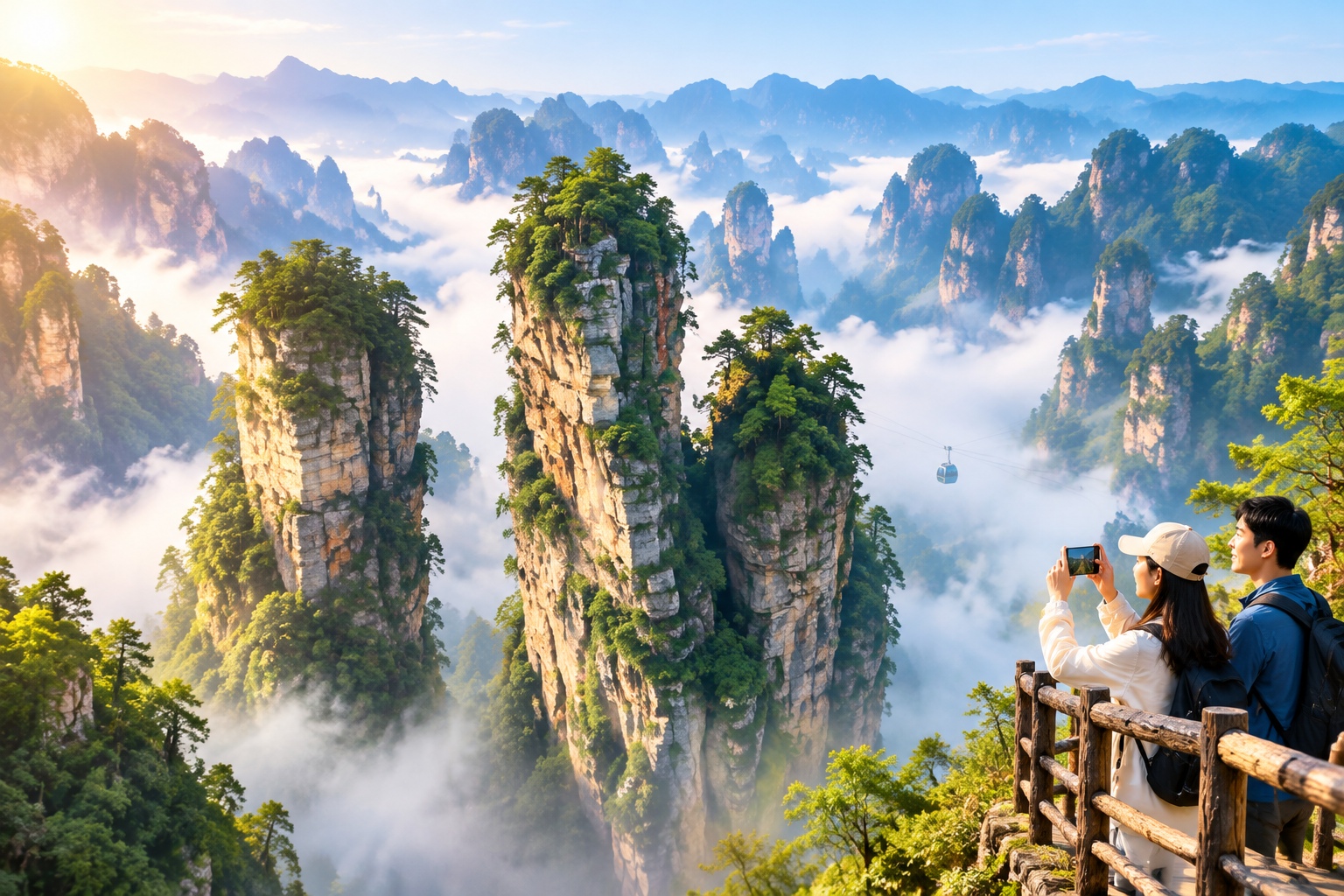 Tourists on a Zhangjiajie viewing platform looking at the sandstone pillar that inspired Avatar's Hallelujah Mountain, with a cable car crossing the misty valley.