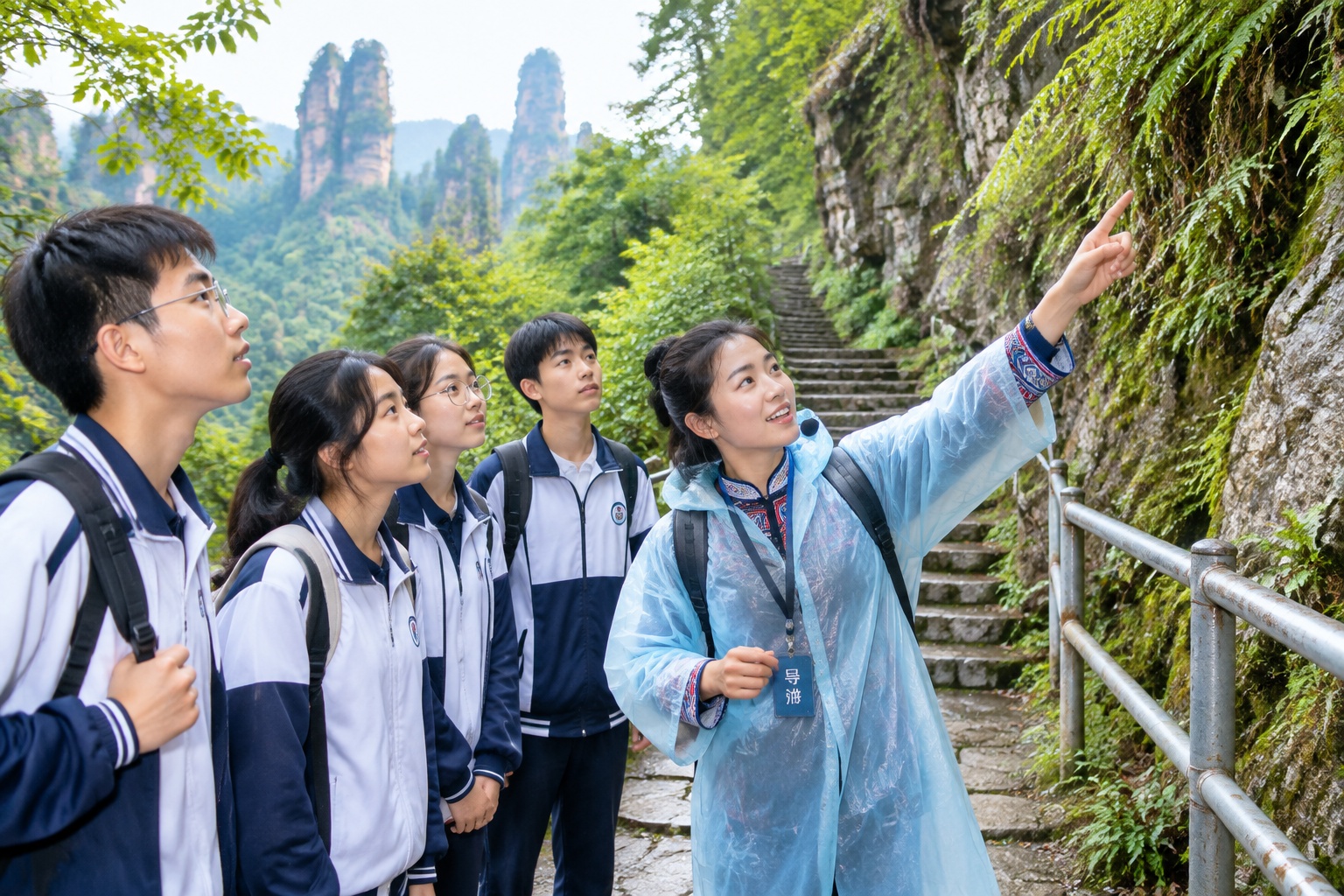 A young Tujia guide showing a hidden trail in the lower forest area of Zhangjiajie National Forest Park to a group of students.