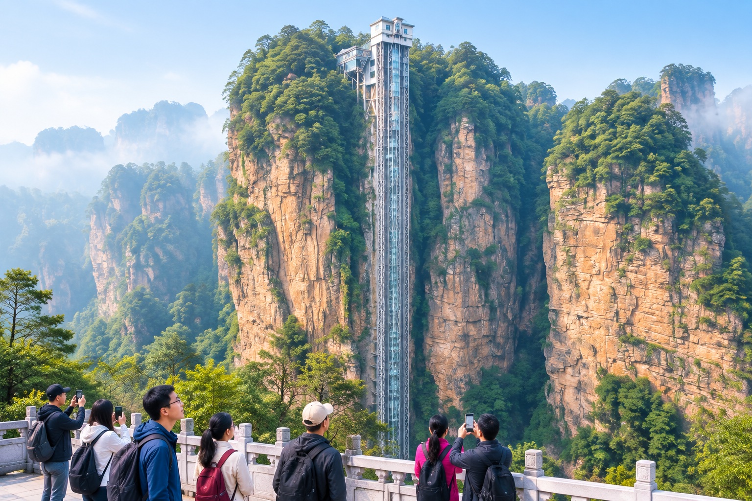 The Bailong Elevator climbing a sheer cliff in Zhangjiajie National Forest Park, with forest at its base and tourists looking up.