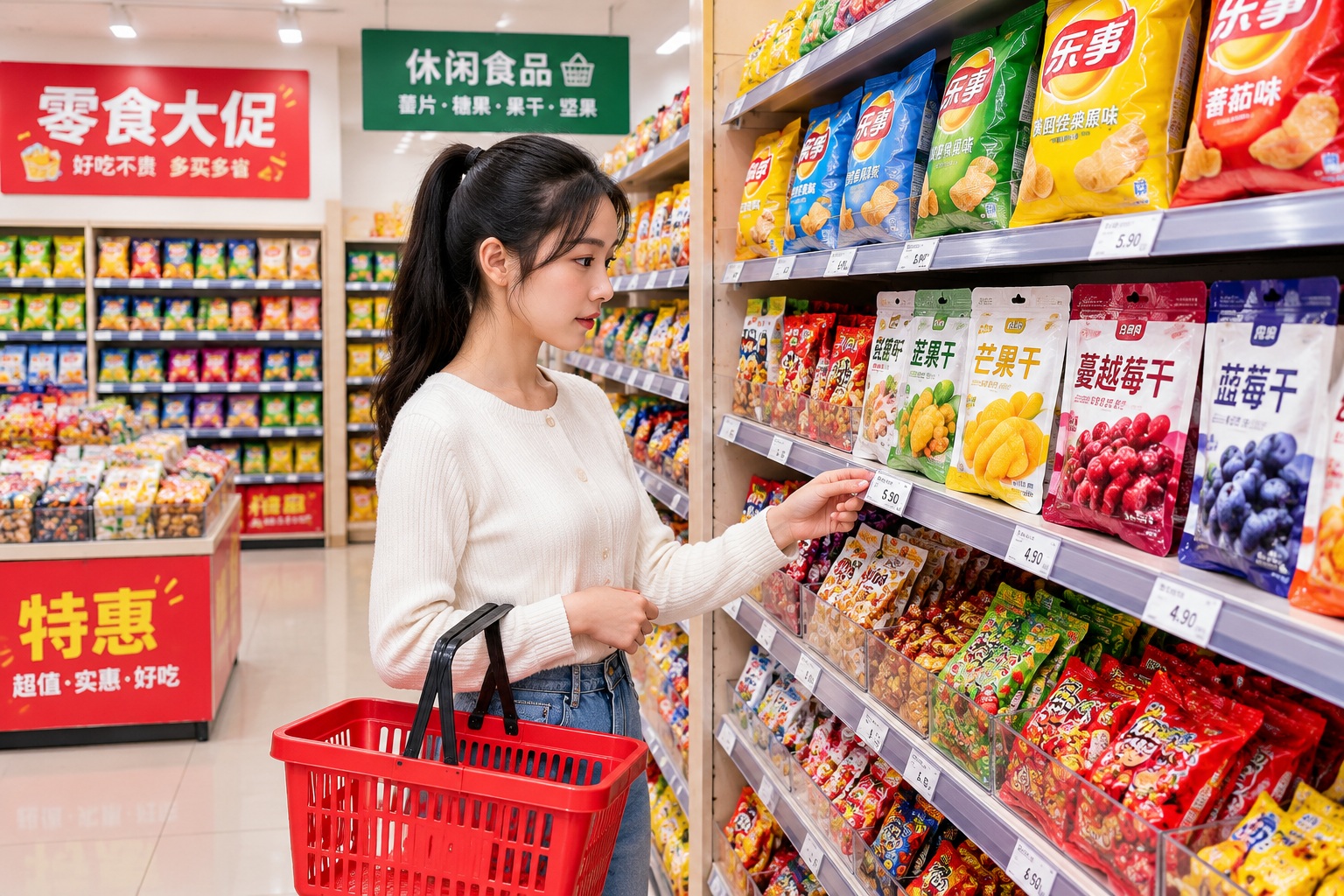 Why Young Chinese Are Flocking to Deep-Discount Snack Stores Like Haoxianglai 22 Young woman shopping inside Haoxianglai bulk snack store with neatly stacked snack packages on shelves