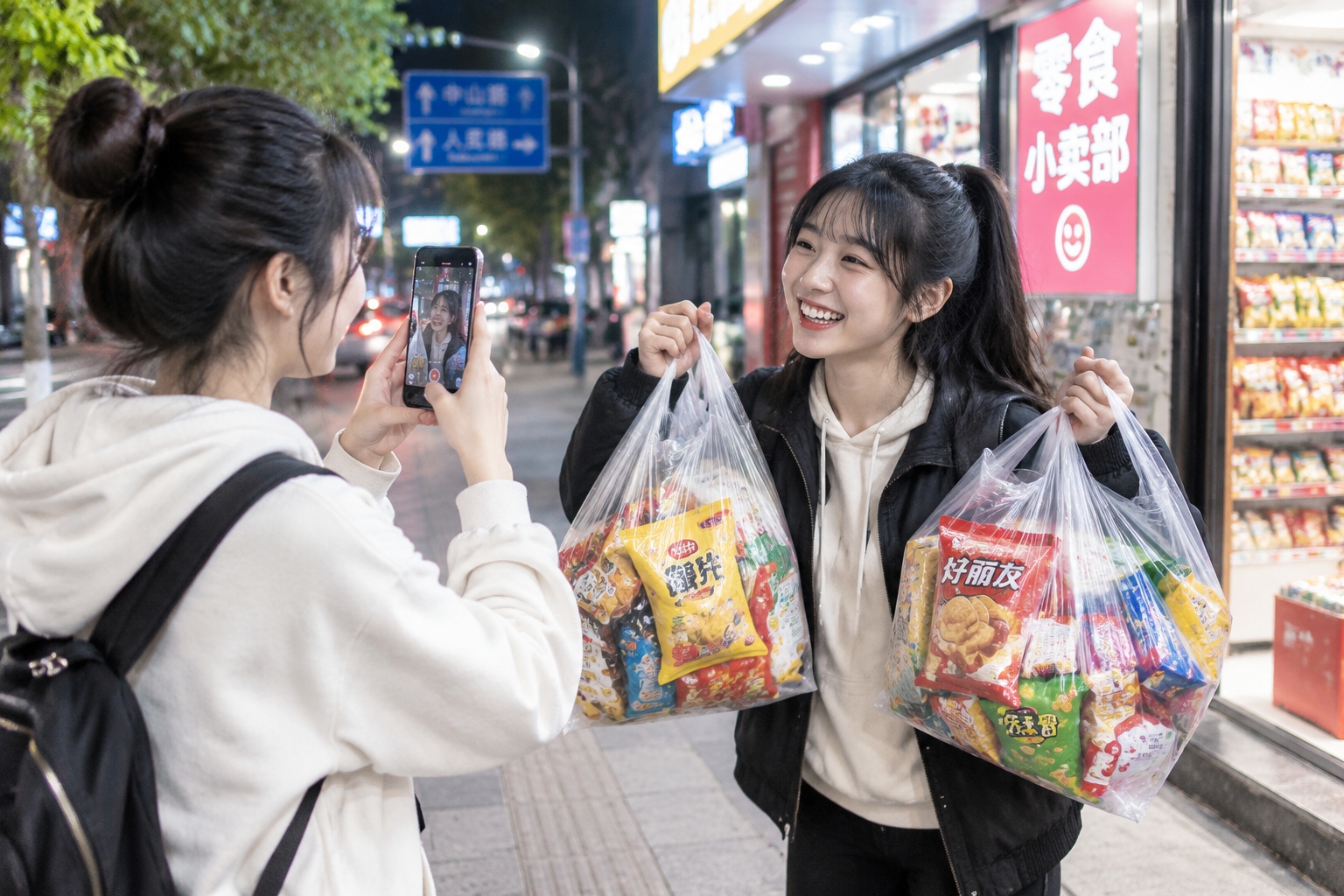 Why Young Chinese Are Flocking to Deep-Discount Snack Stores Like Haoxianglai 24 Two young friends outside a Chinese snack store posing with bags filled with snacks while recording a video