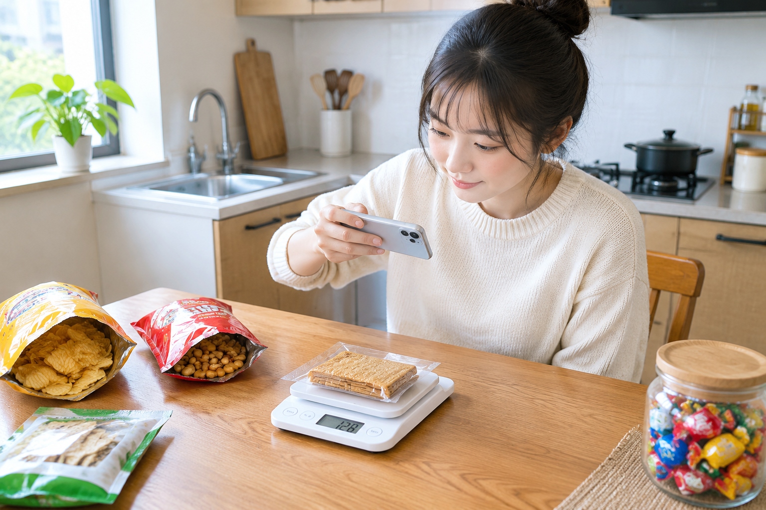 A shopper checks the net weight of a snack package on a digital scale at home