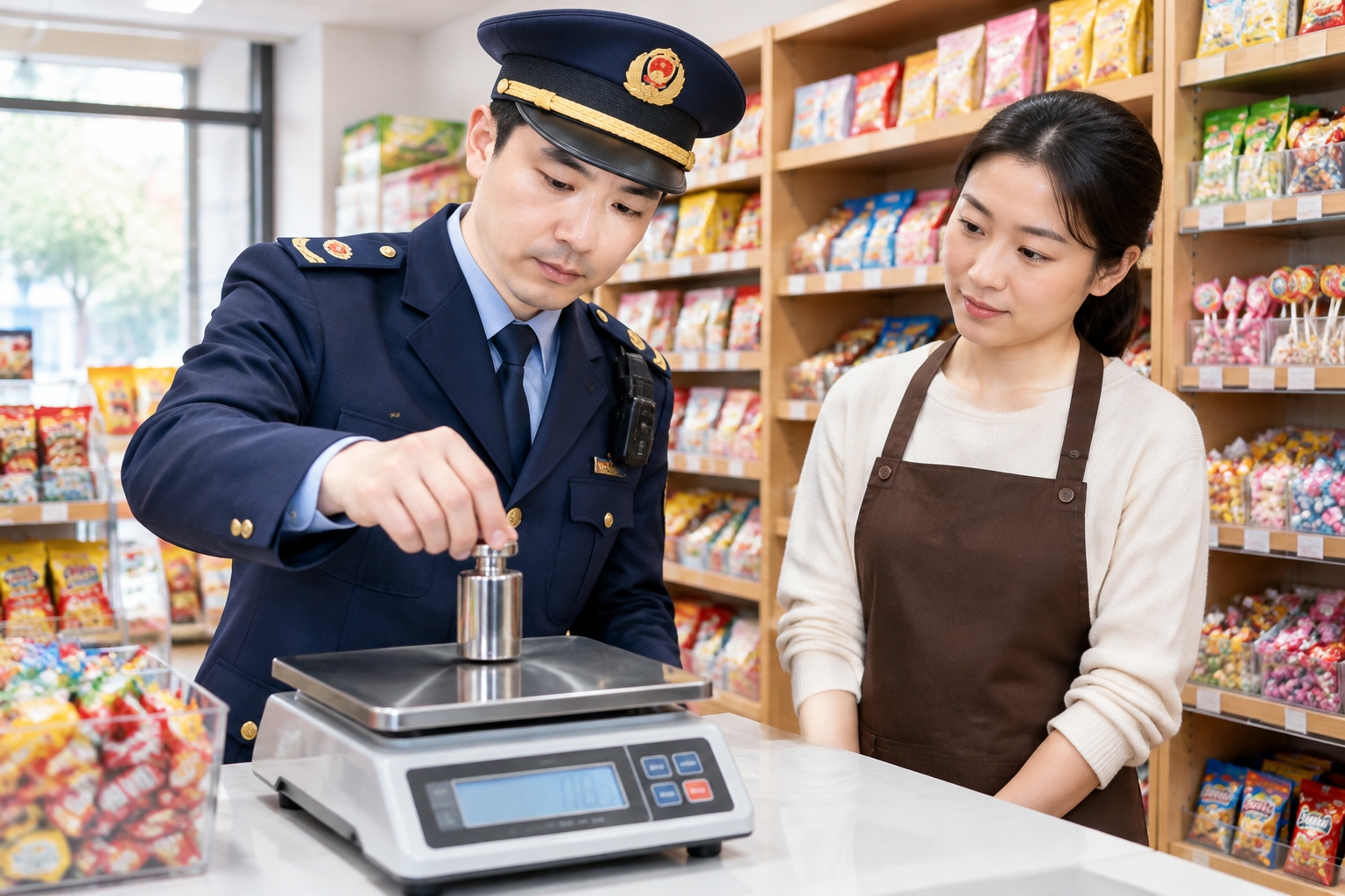 A market regulator tests an electronic scale at a Chinese snack discount store