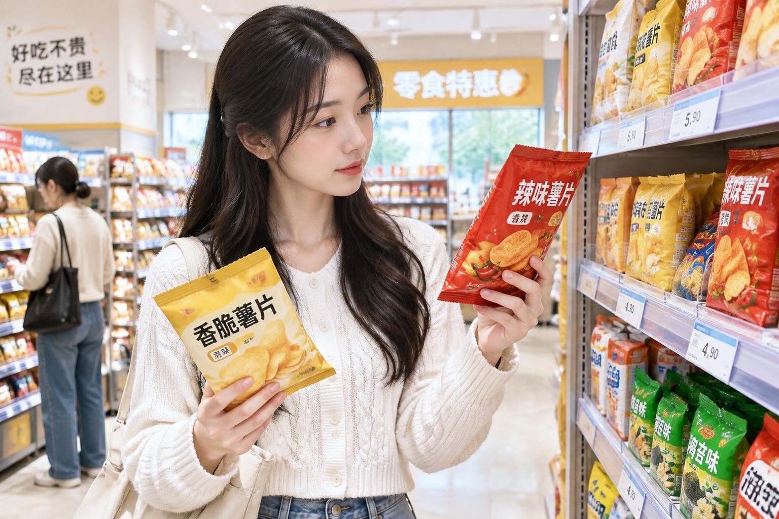 Not Your Dollar Store: How China's Bulk Snack Shops Reinvented Deep Discounting 23 Shopper comparing snack prices at a Chinese discount snack store with small packages on shelves