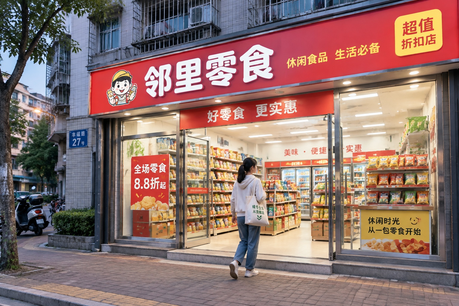 Not Your Dollar Store: How China's Bulk Snack Shops Reinvented Deep Discounting 24 Chinese snack discount store on a residential street in the evening with apartment buildings above