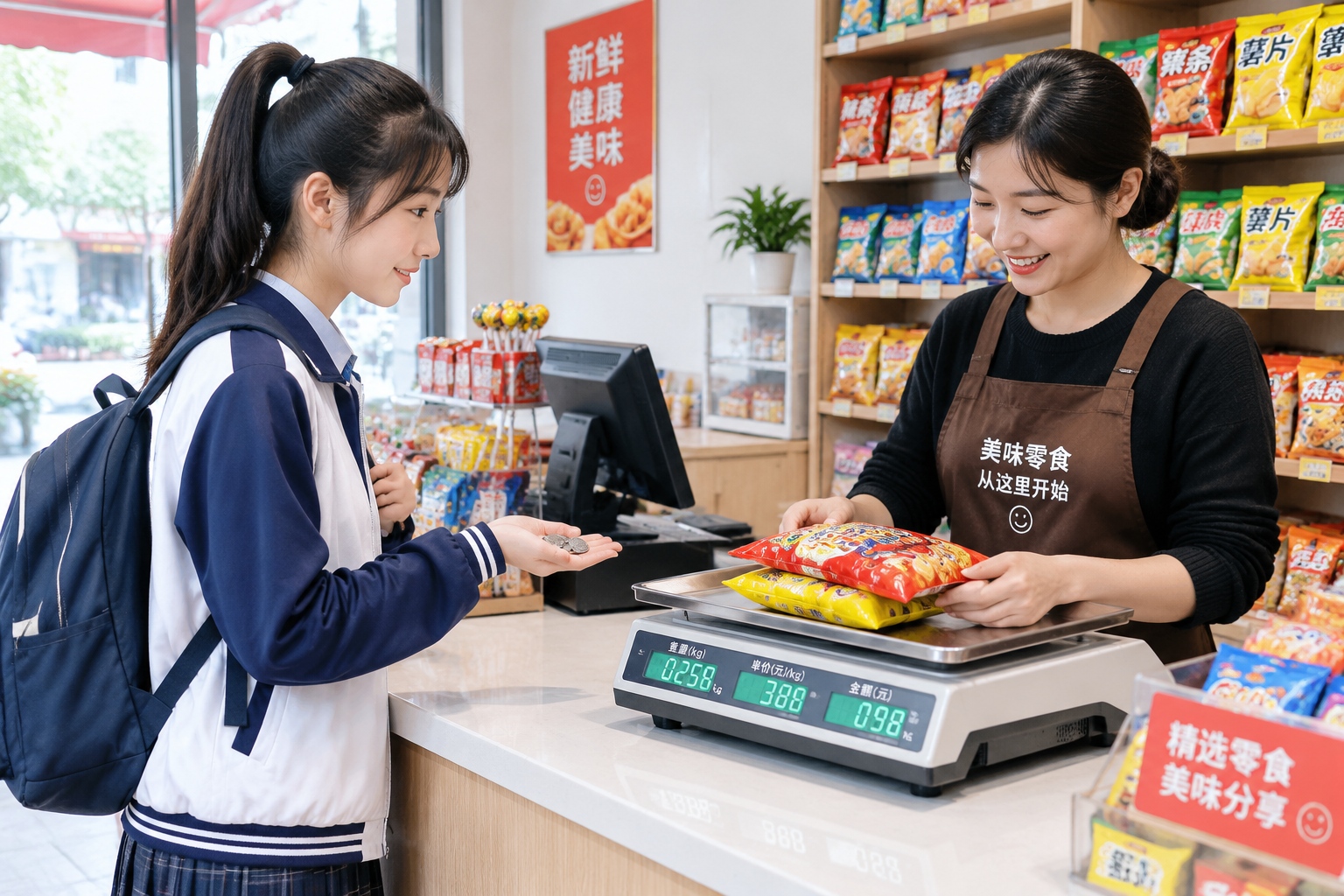 The School-Bell Hangout: How Discount Candy Stores Became a Teen Magnet in Small Chinese Towns 23 Teen pays with coins while a Haoxianglai cashier weighs snack bags at the checkout