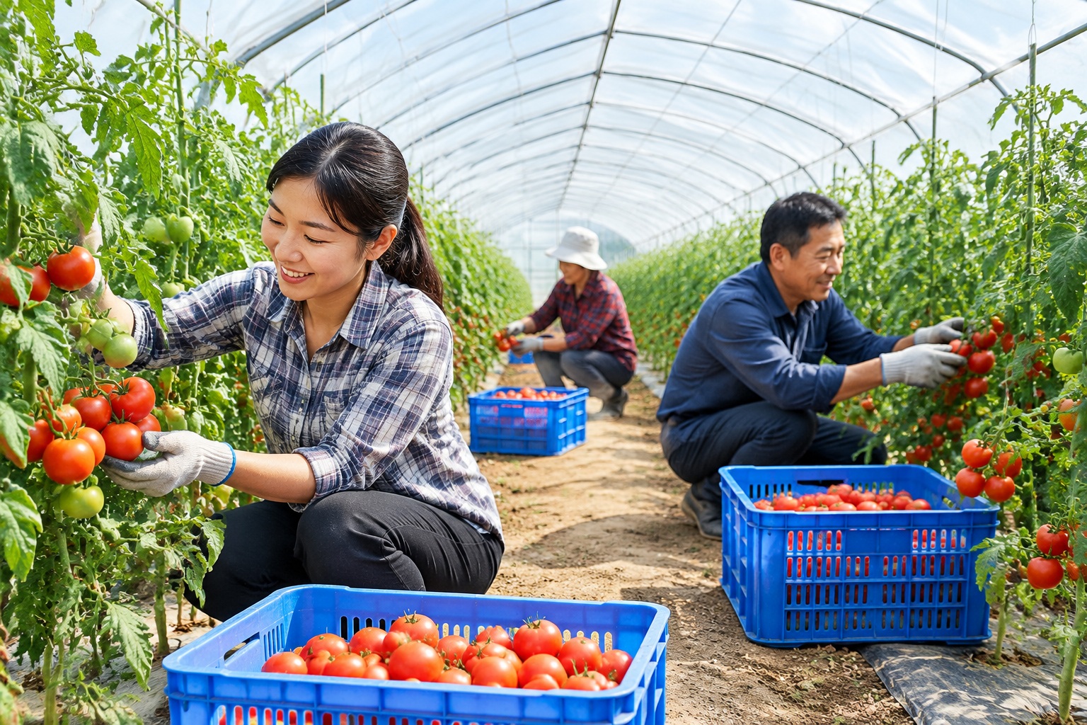 Workers picking ripe tomatoes in a greenhouse in Shouguang, China