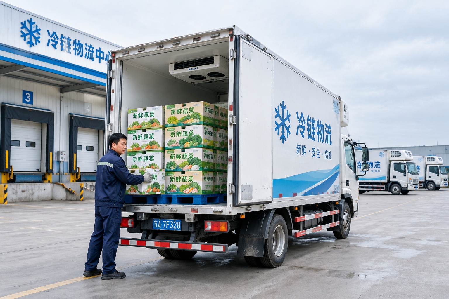 Refrigerated truck loading fresh vegetables at a Chinese logistics center