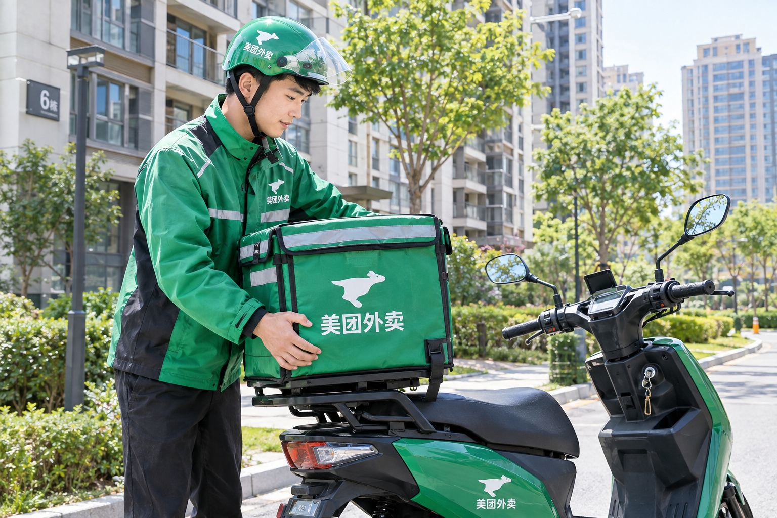 Delivery courier with insulated box preparing to bring fresh groceries to a Chinese neighborhood