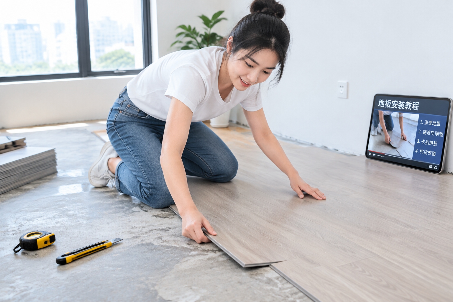 Chinese rental tenant installing floating vinyl floor planks without nails as part of a low-cost apartment renovation.