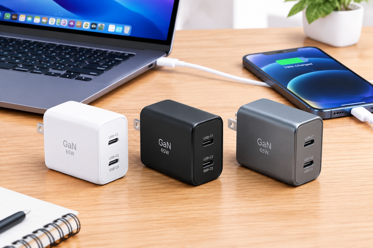 Three GaN chargers from Anker, Baseus, and Ugreen arranged for a side-by-side comparison