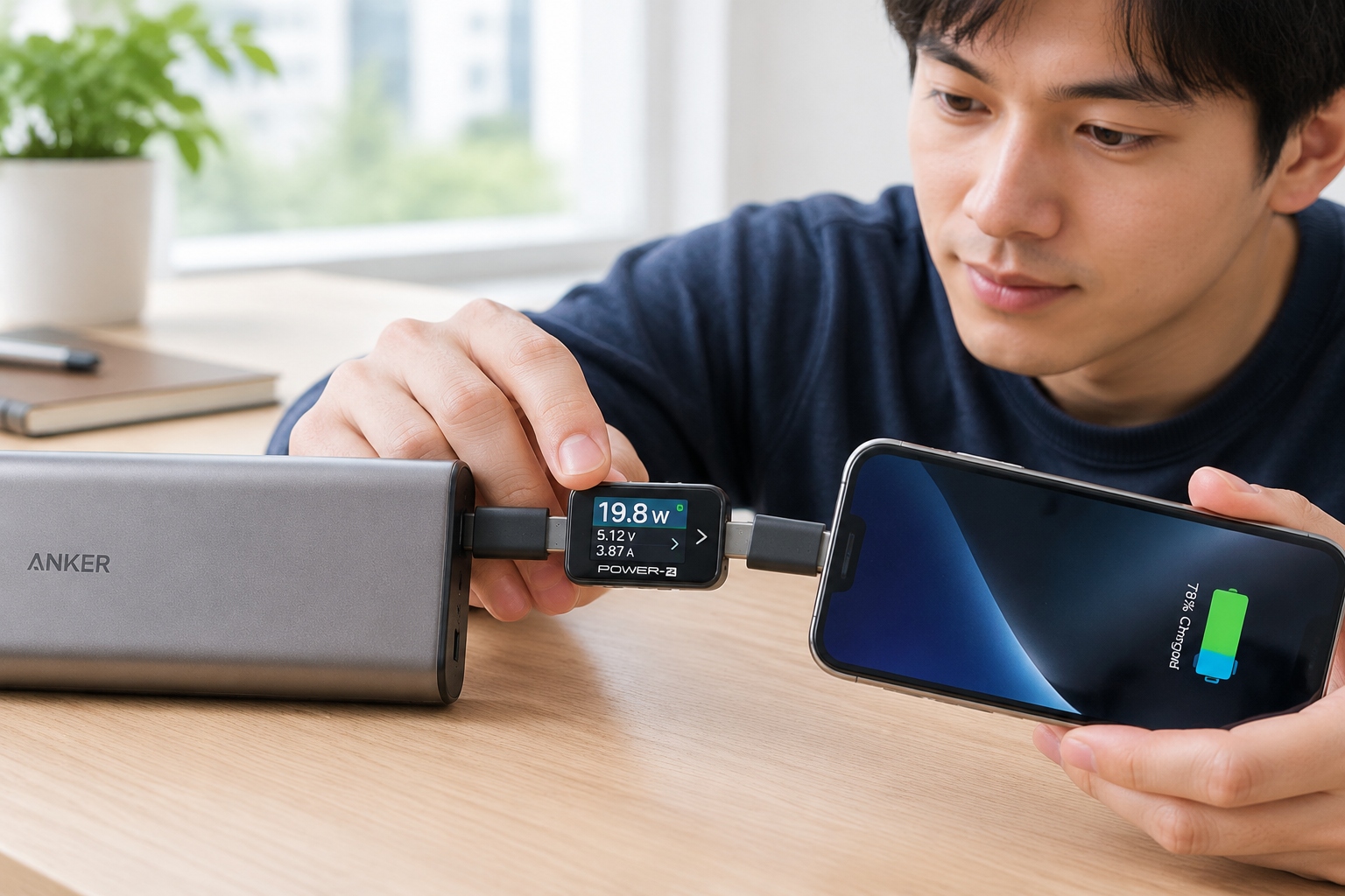 Testing actual charging speed of a power bank with a USB-C power meter