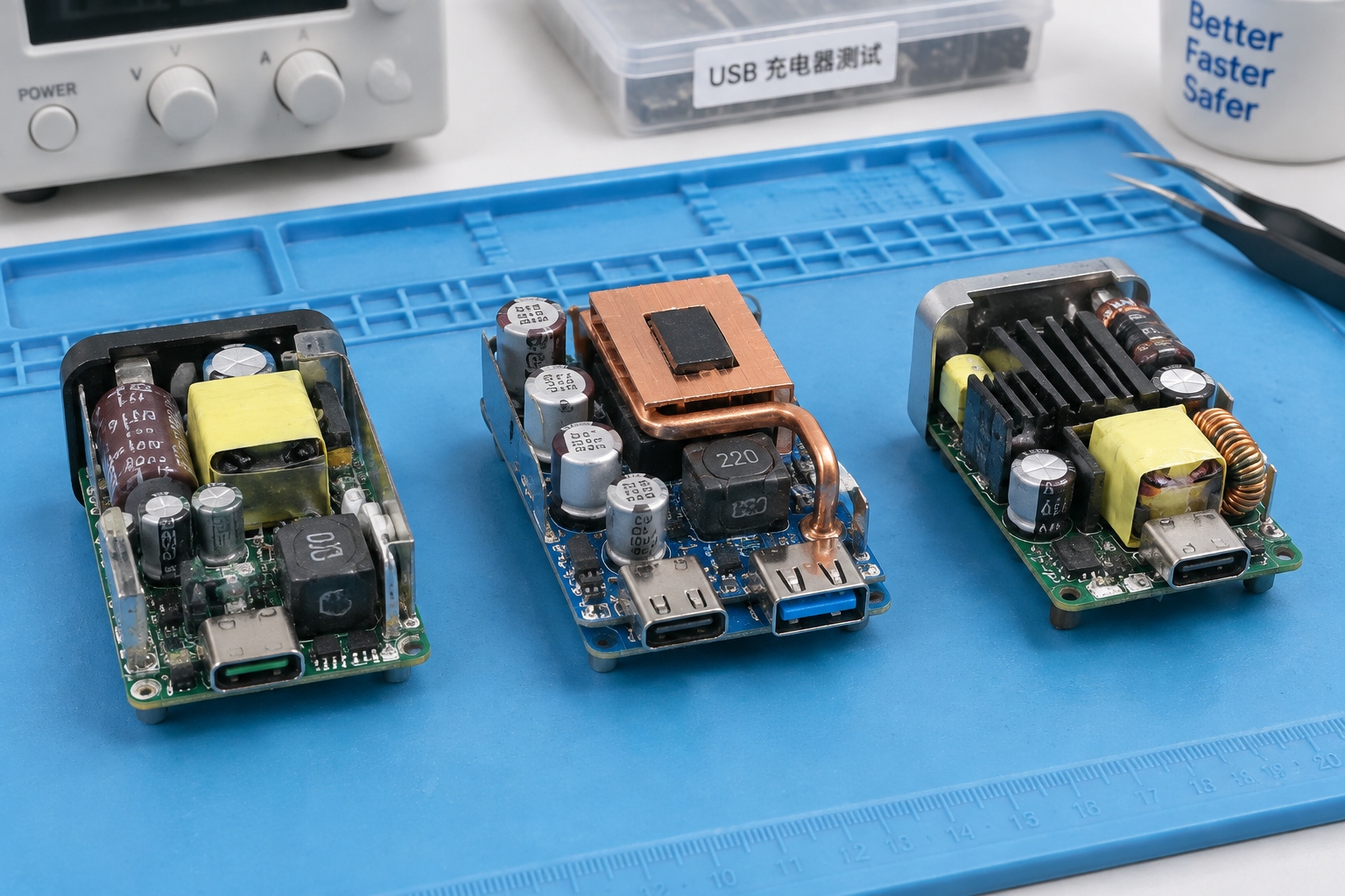 Inside view of Anker, Baseus, and Ugreen charger circuit boards showing build quality differences