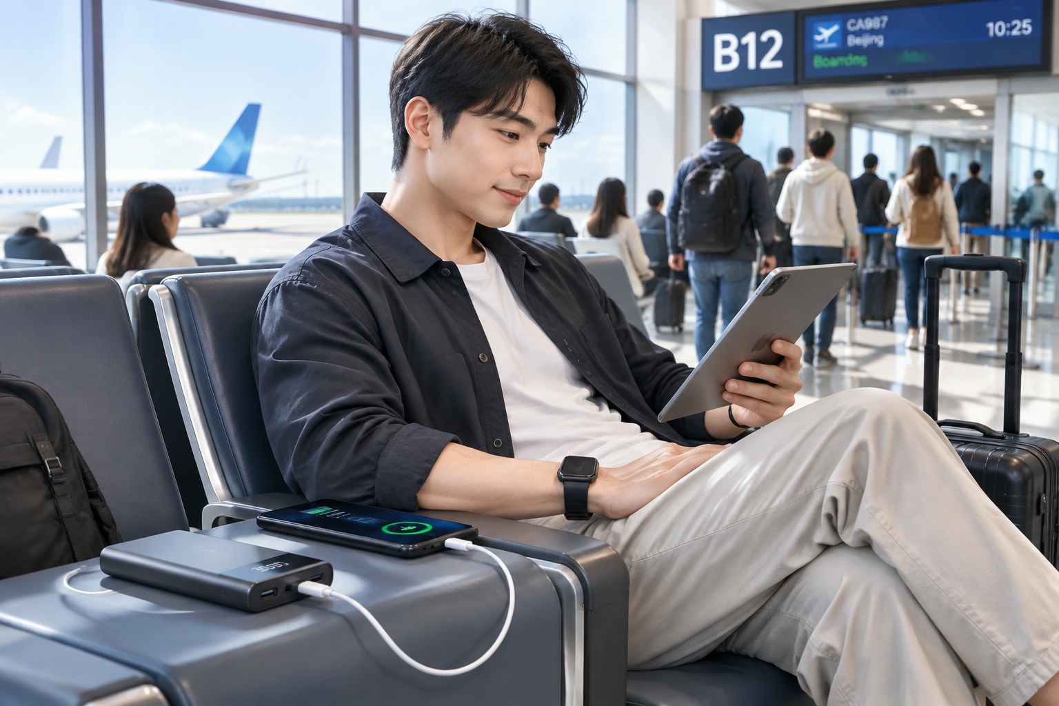 Traveler charging phone with a portable power bank during a flight layover