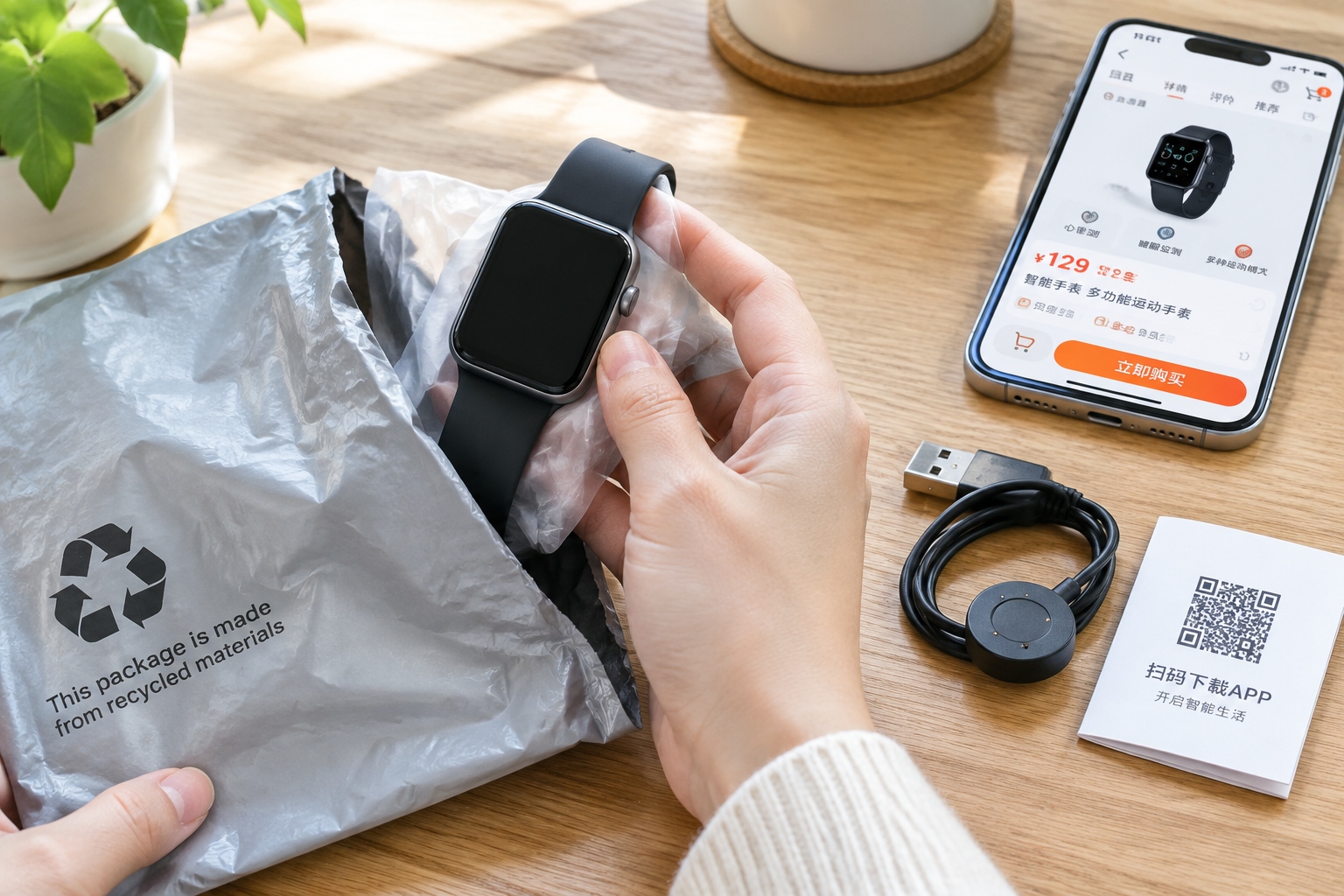 Hand unboxing a budget smartwatch from a Shenzhen e-commerce package held over a wooden desk