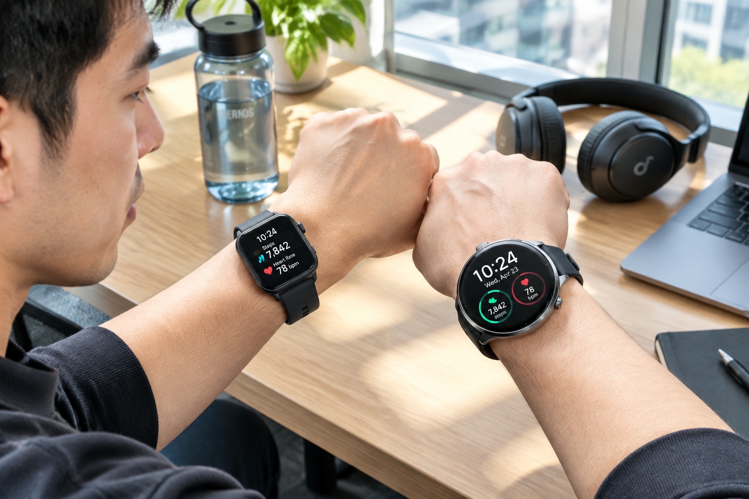 Side-by-side comparison of a budget smartwatch and a premium smartwatch showing fitness data on the wrist