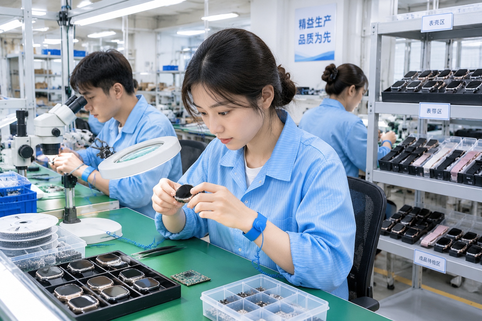 Workers in a Chinese factory inspecting smartwatch circuit boards and components on an assembly line