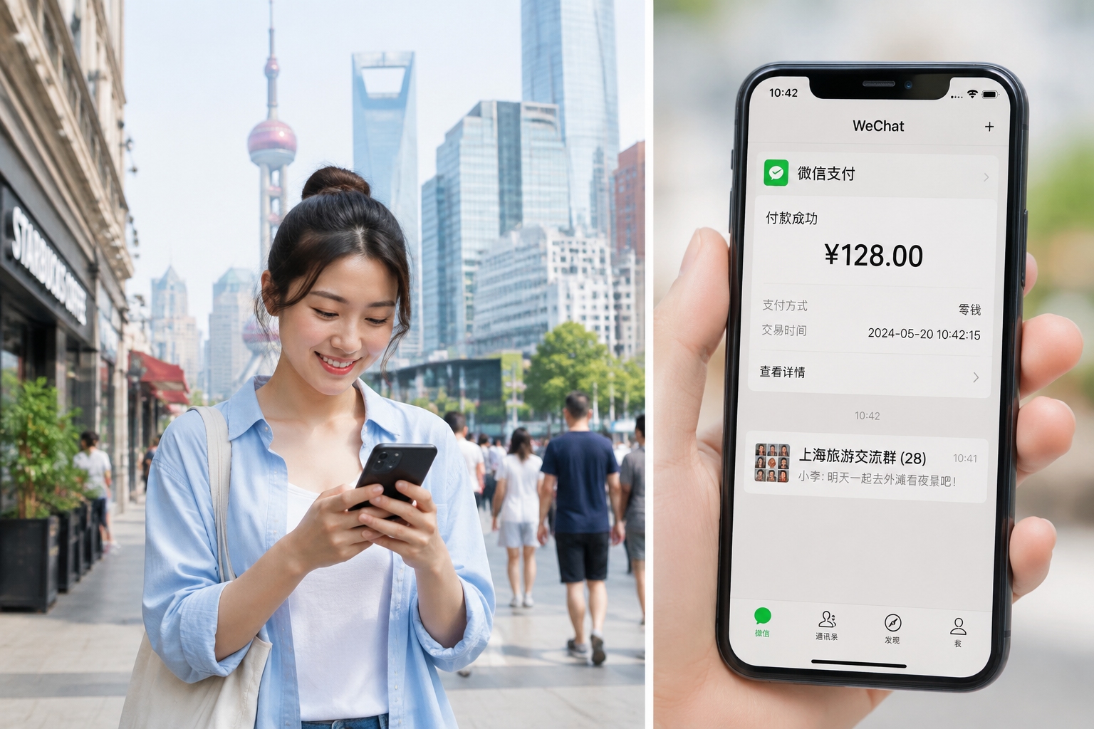 A smartphone displaying the WeChat app interface with a payment success message in front of a busy Chinese city street background